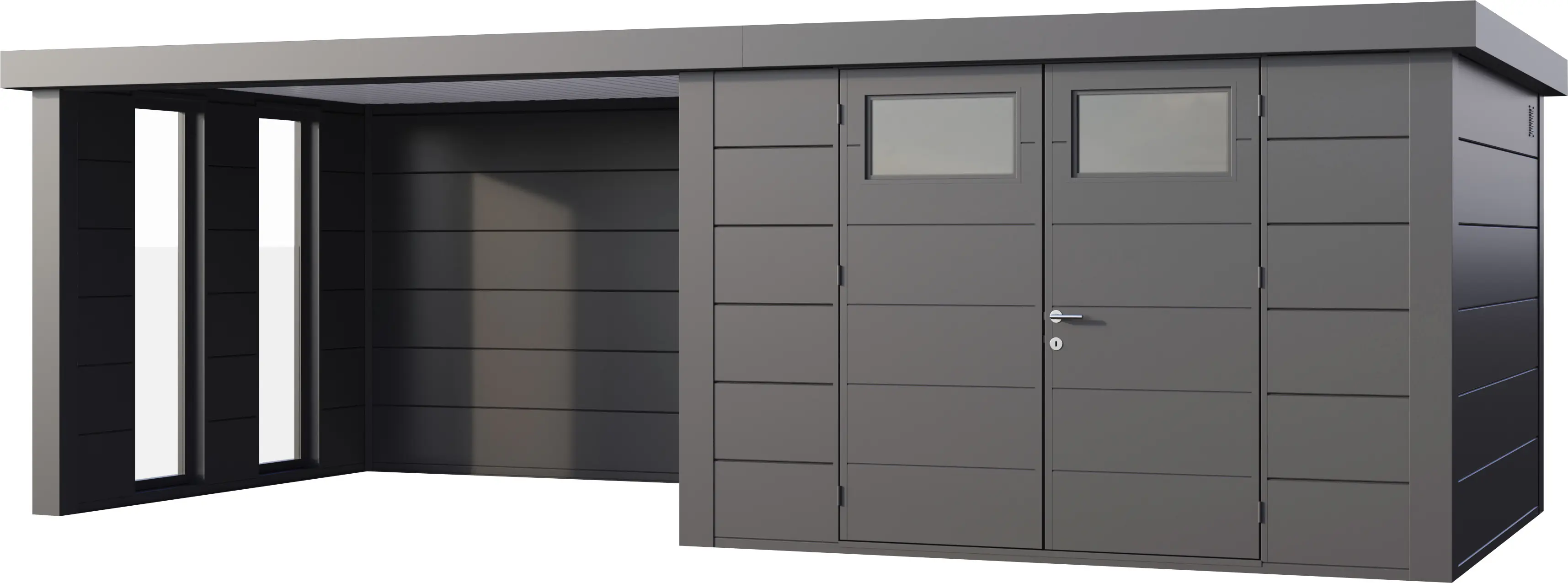 Telluria Gerätehaus Classico Lounge L mit Fenstern 3330 links granitgrau 672 x 298 cm