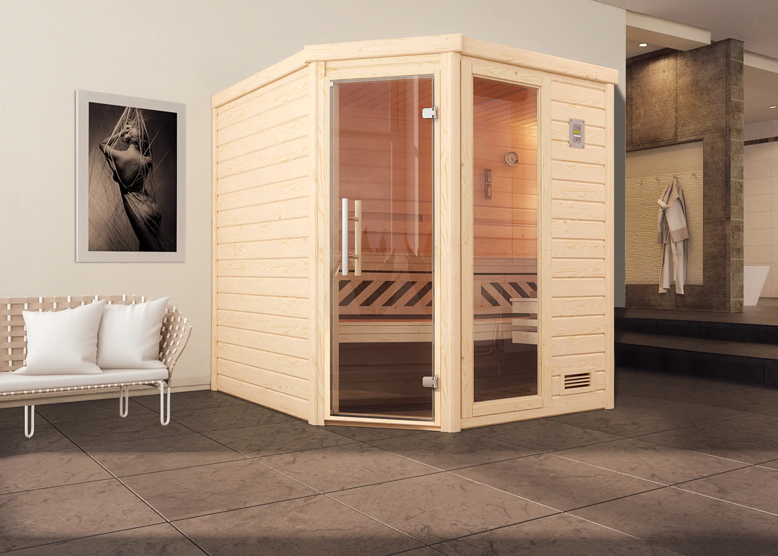 Weka Massivholzsauna Turku 2 mit Glastür und Fenster