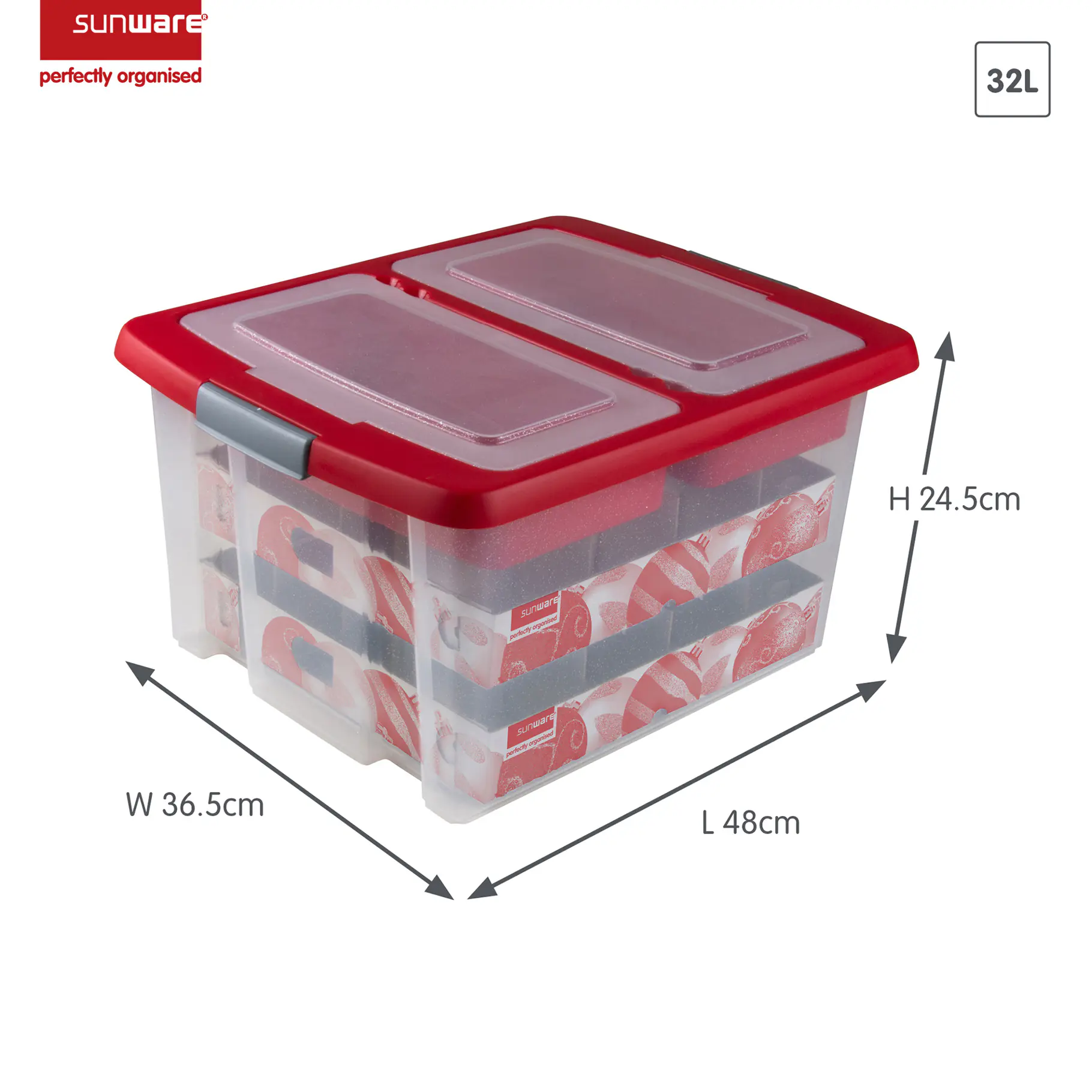 Sunware Weihnachtsbox Nesta 32L mit Einsatz für 32 Kugeln transparent rot