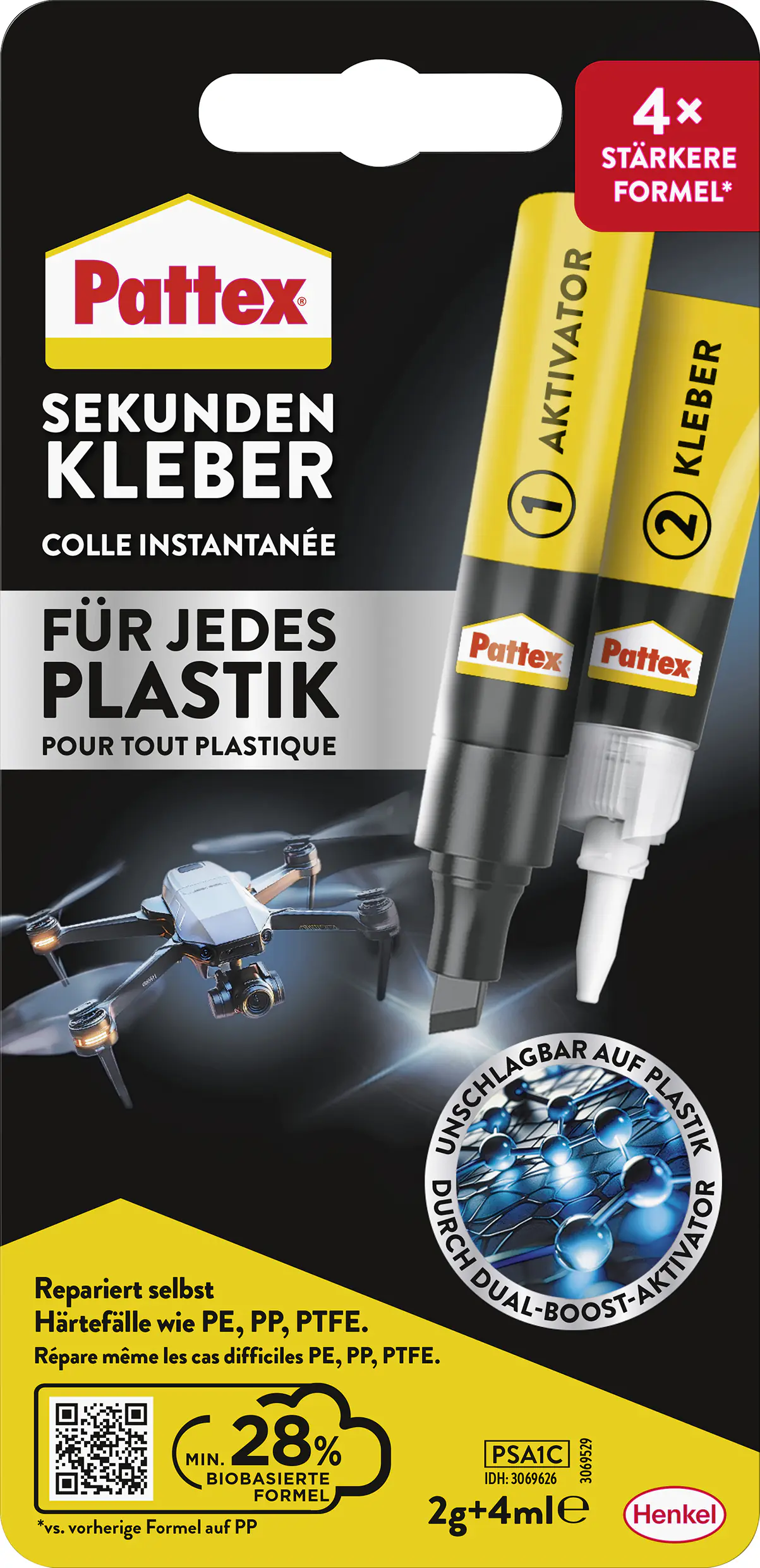 Pattex Sekundenkleber Plastix Flüssig 2 g + 4 ml Aktivator Stift, klar & farblos