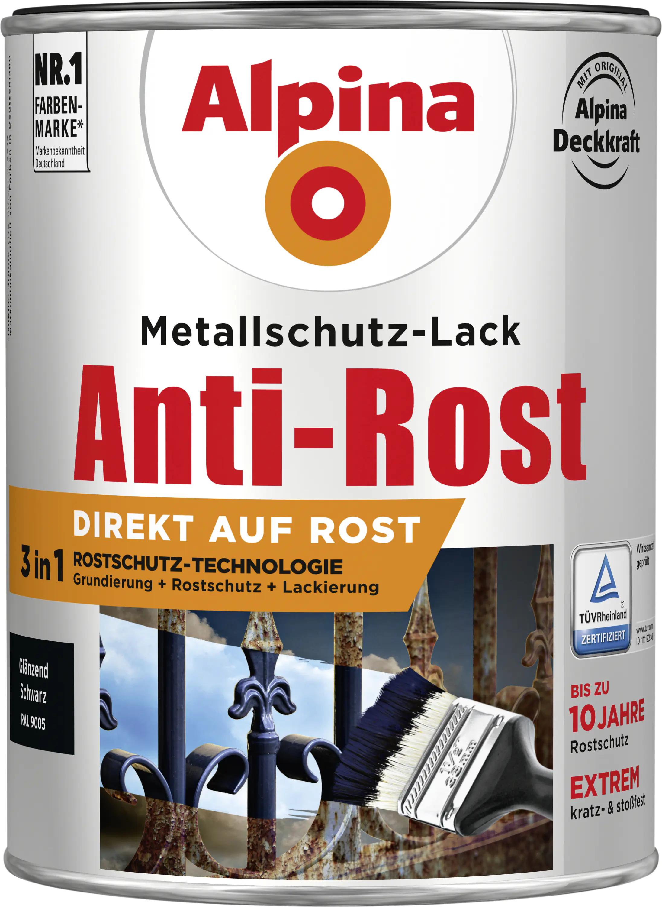 Alpina Metallschutz-Lack Anti-Rost 2,5 L schwarz glänzend