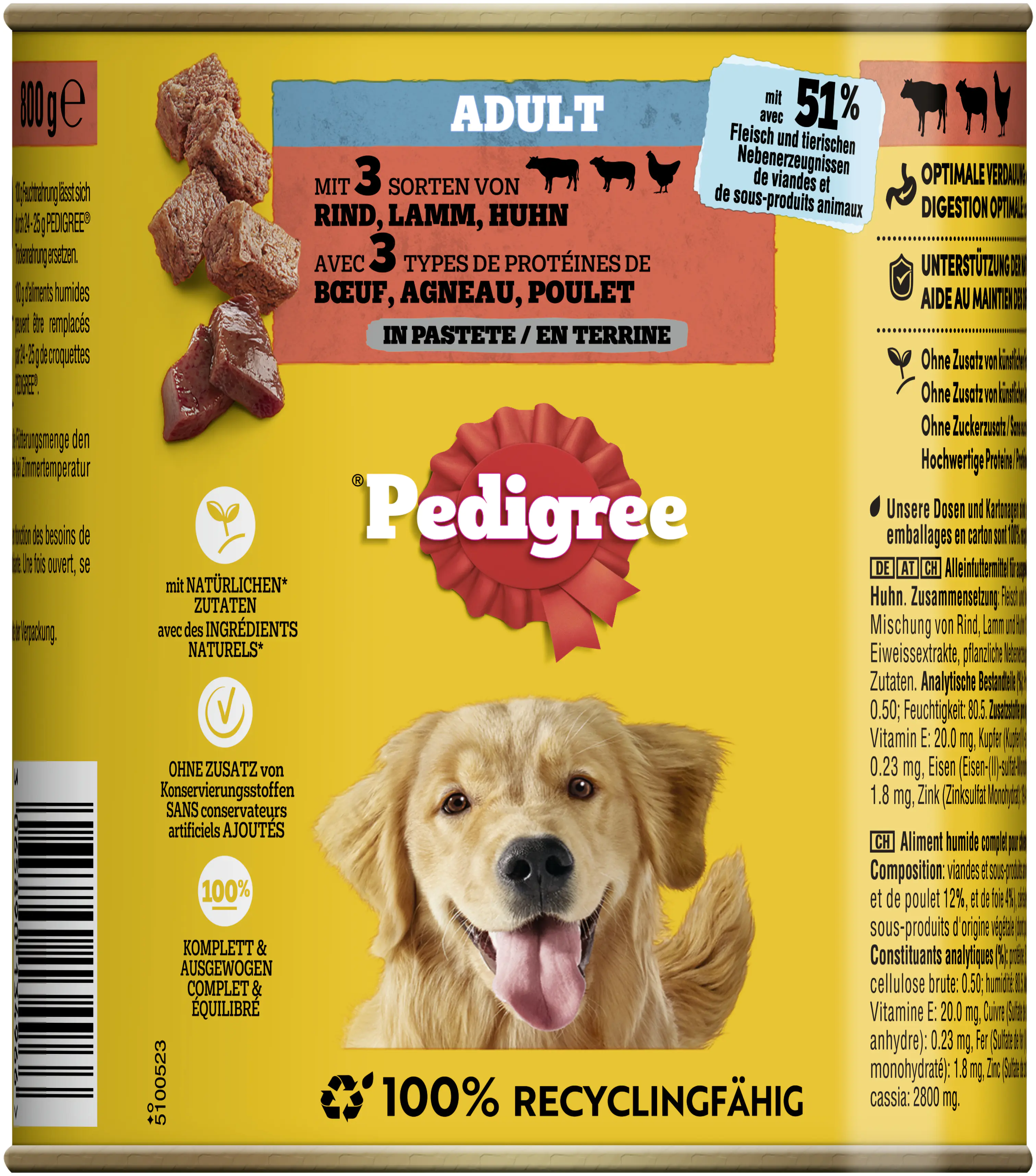Pedigree Classic Hundenassfutter Adult 800 g Rind, Lamm & Huhn