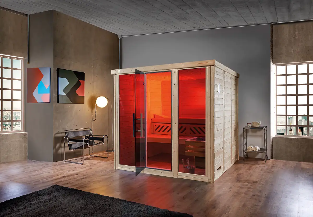 Weka Massivholz-Elementsauna Kemi Panorama 3, OS Ofen, 2 Fenstern und Saunaofen