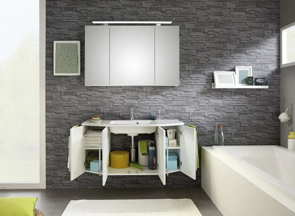Pelipal Badblock Kiel mit Mineralmarmor-Waschtisch + LED-Aufsatzleuchte 112 cm