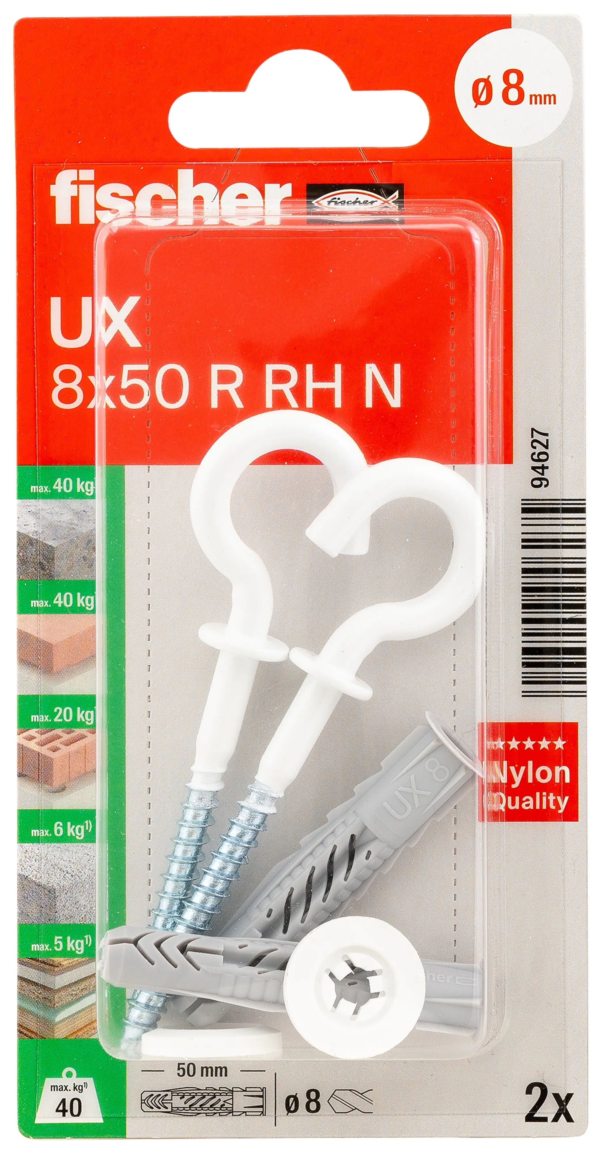 Fischer Universaldübel UX RH 8 x 50 mm mit Rundhaken - 2 Stück
