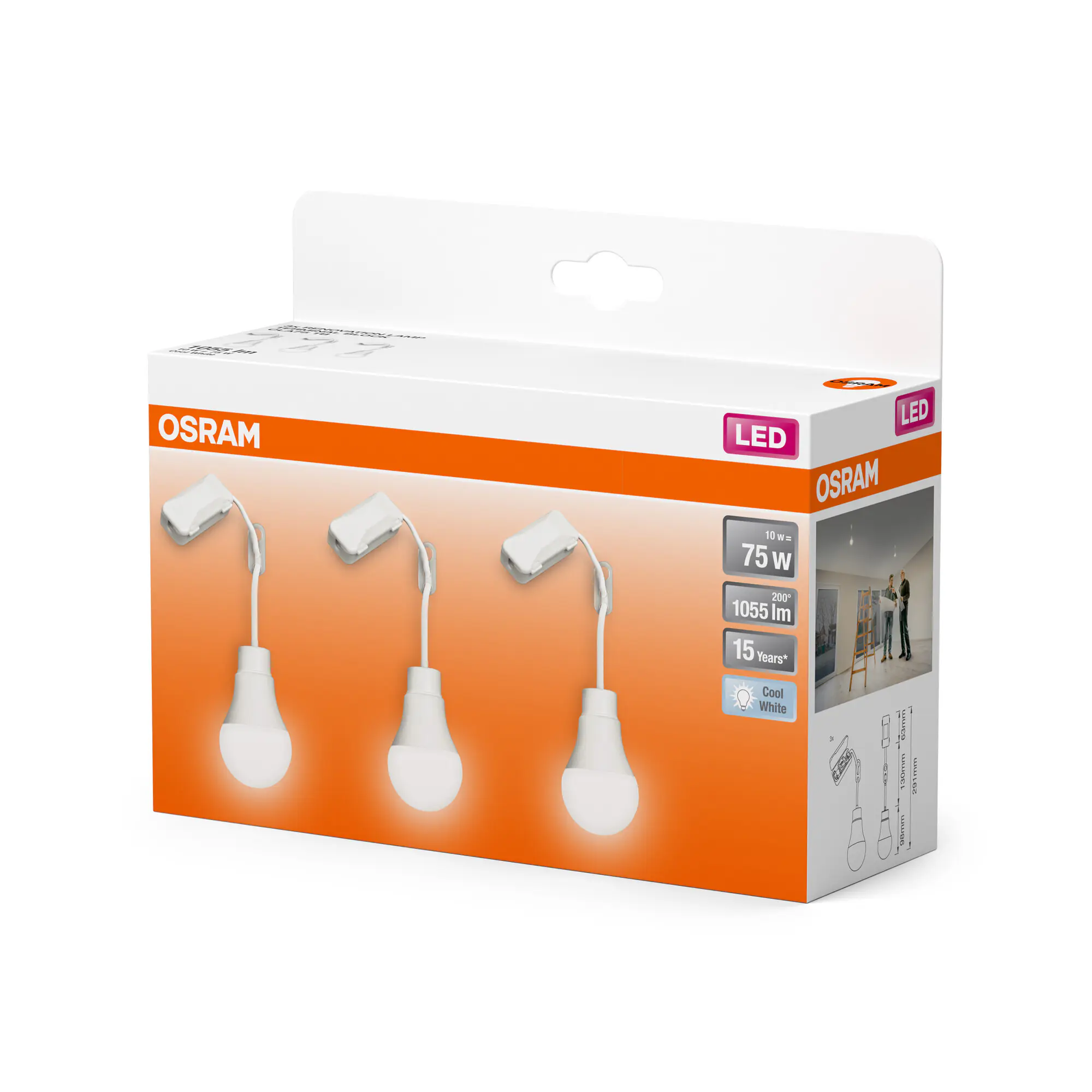 Osram Renovierungslampe Classic A75 10 W 3er Pack kaltweiß