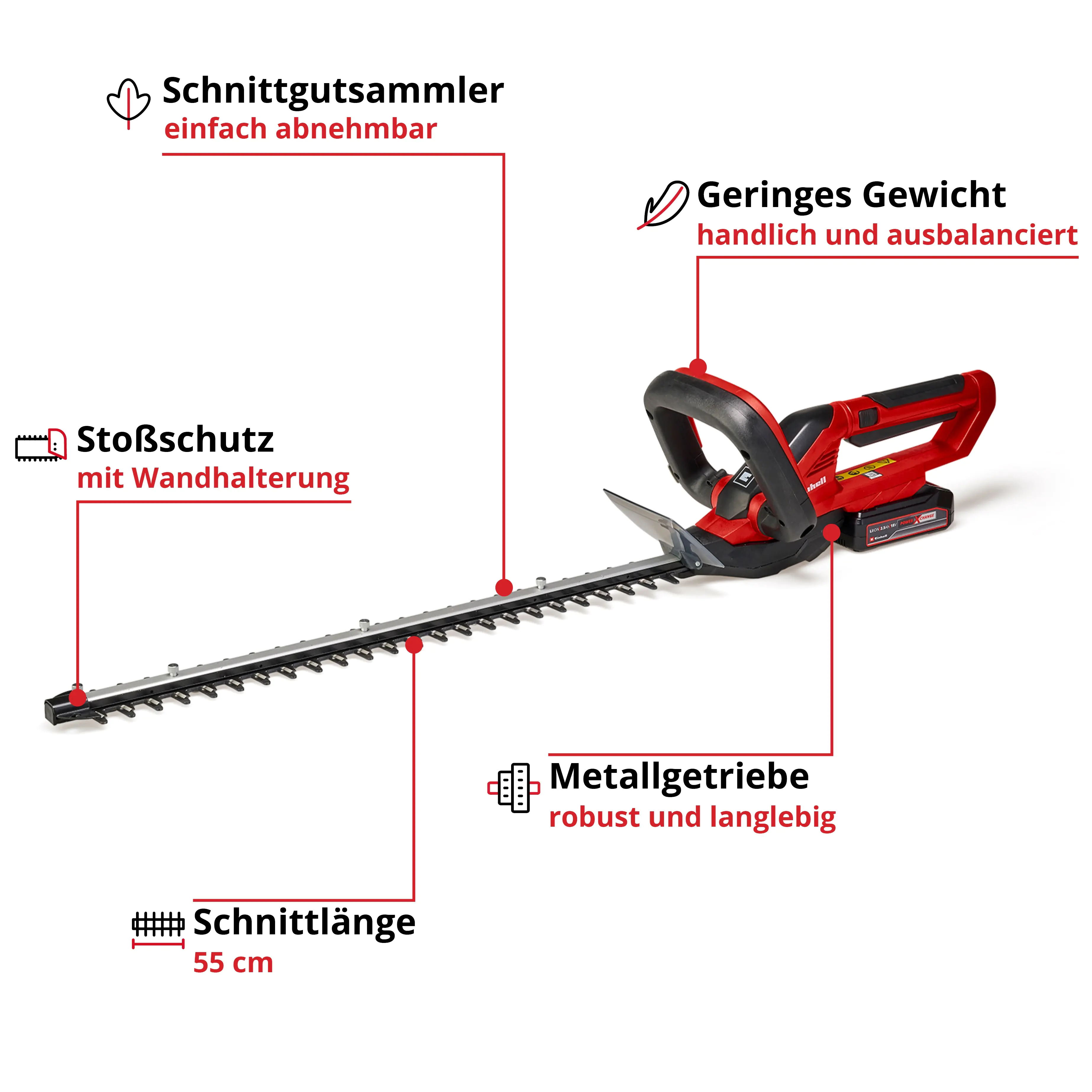 Einhell Akku-Heckenschere GC-CH 1855 55 cm Schnittlänge mit 1 x 2,5 Ah Akku