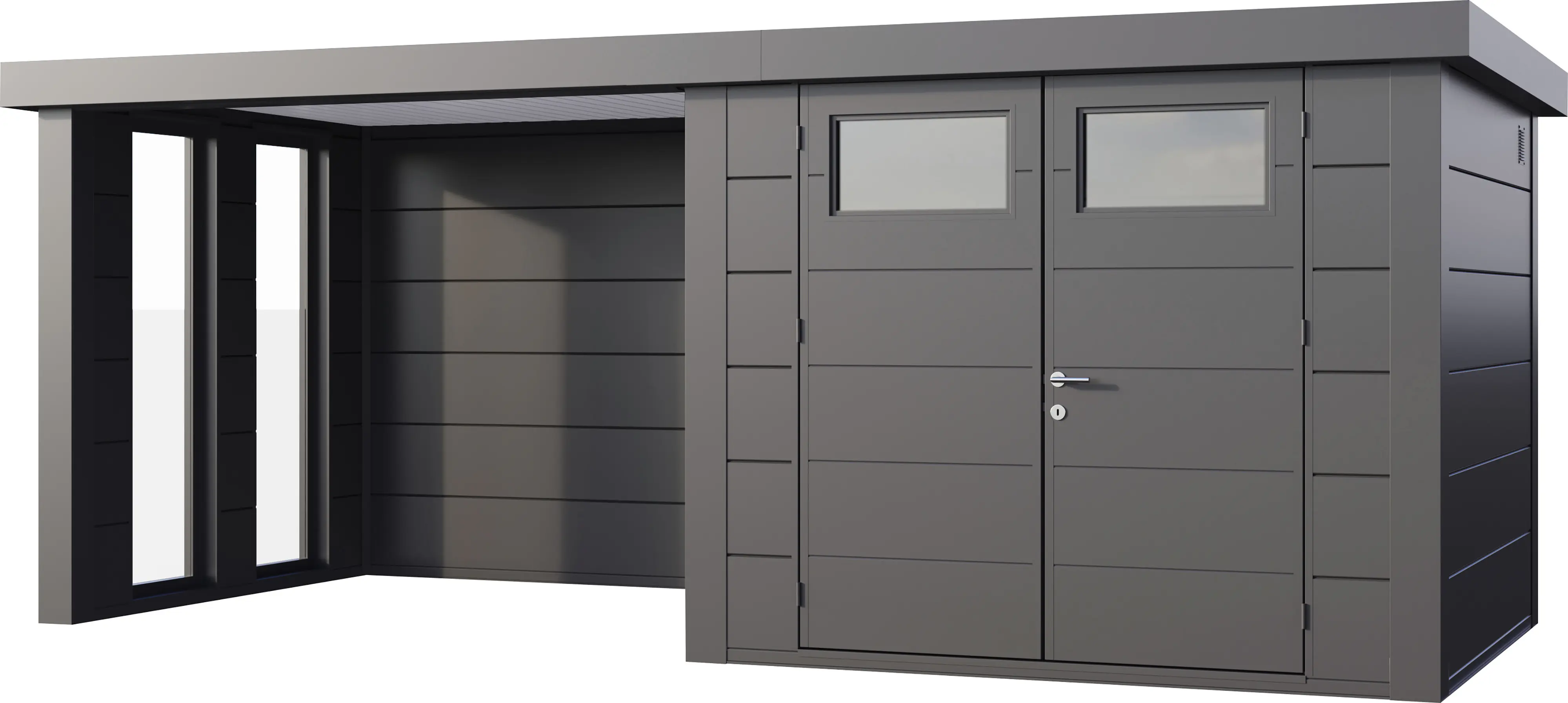 Telluria Gerätehaus Classico Lounge S mit Fenstern 2724 links granitgrau 552 x 238 cm
