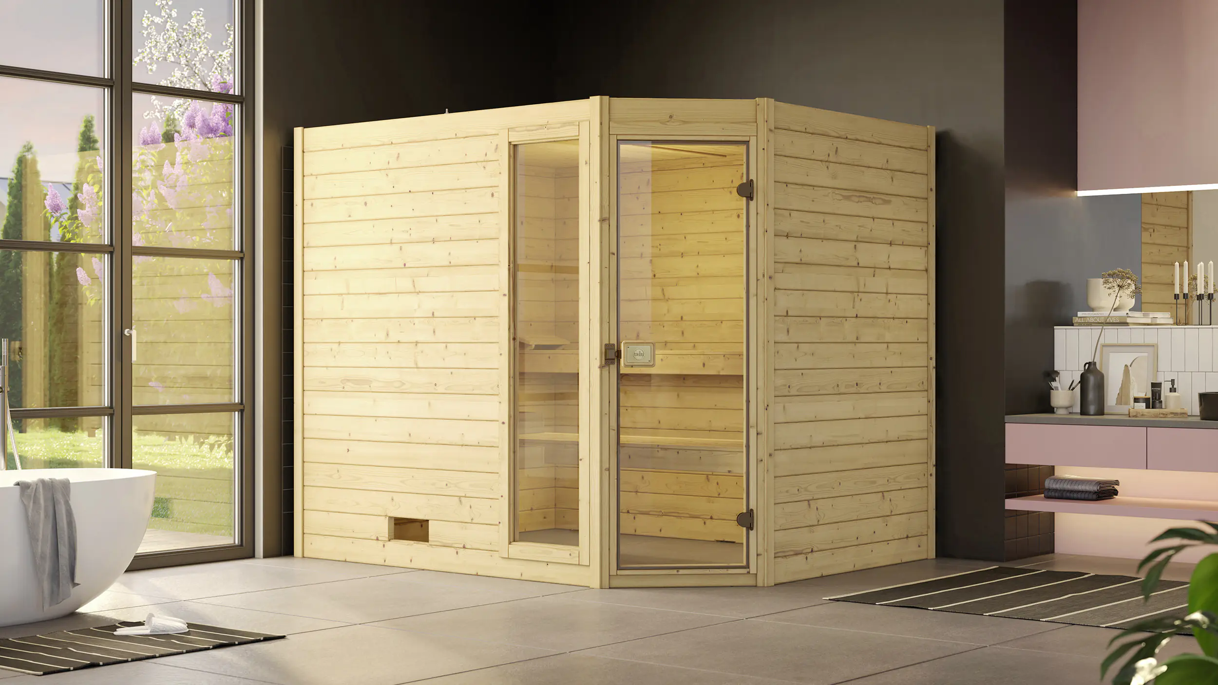 Weka Massivholzsauna Valida Eck 3 mit Glastür und Fenster