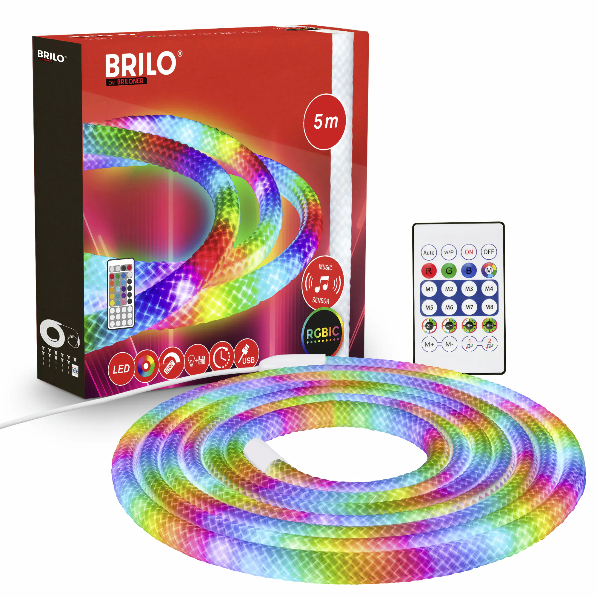 Briloner LED-Lichtschlauch RGBIC mit Musiksensor 5 m dimmbar weiß