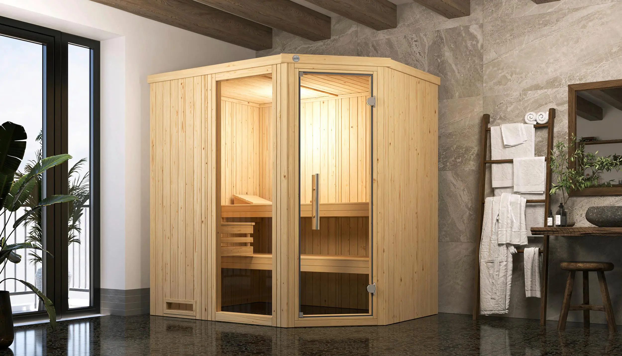 Weka Element-Ecksauna Varberg 1 mit Glastür & Fenster