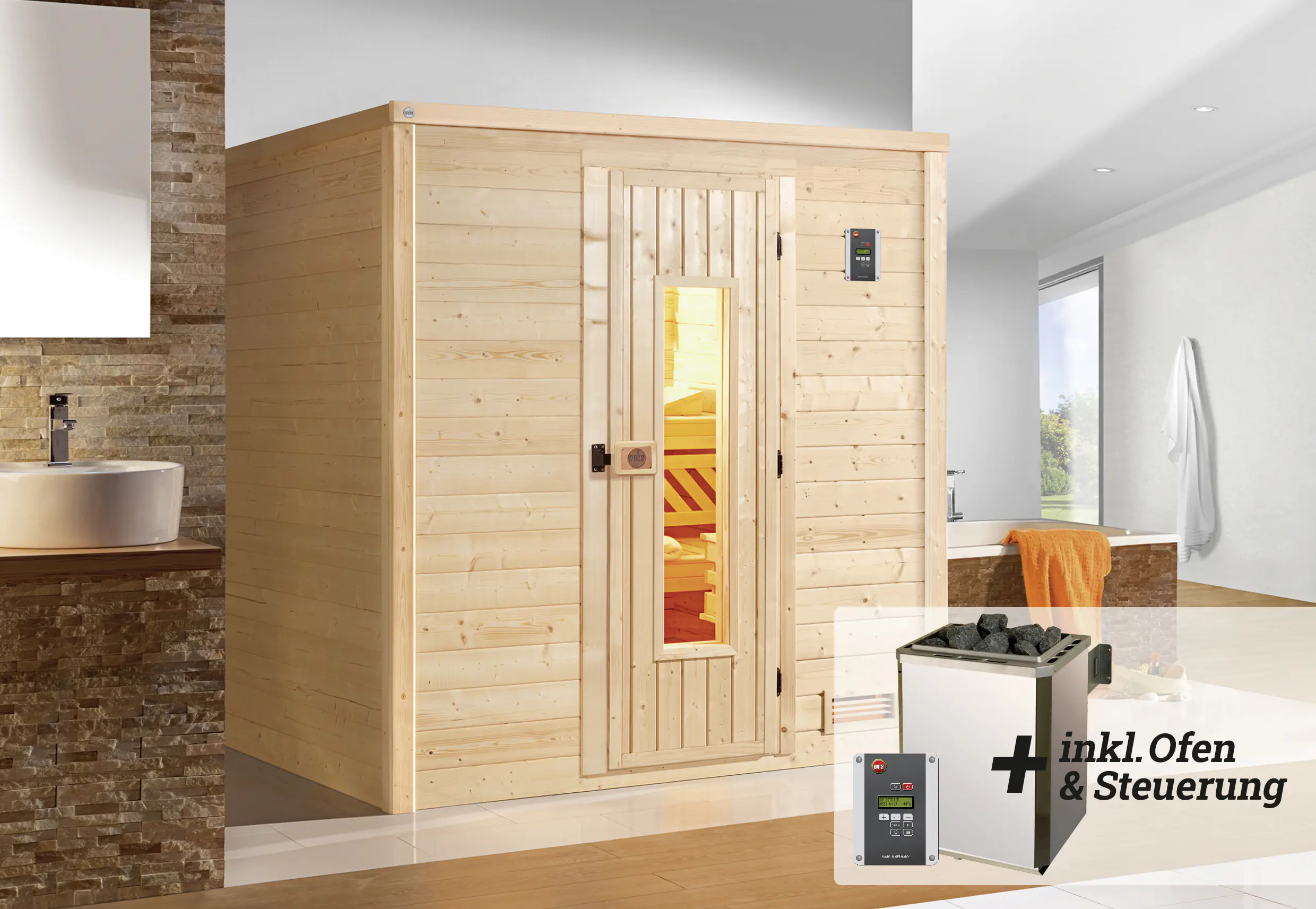Weka Premium Massivholz-Sauna Bergen Gr. 1 Sparset 7,5 kW OS
