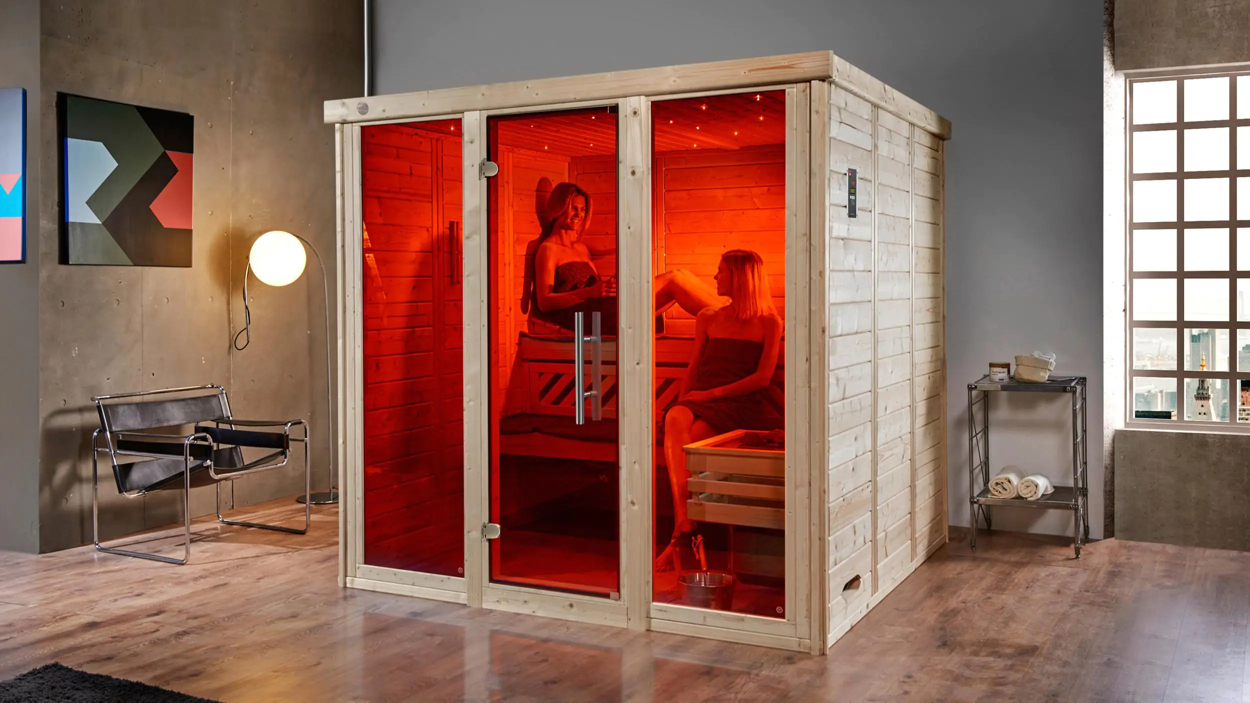 Weka Massivholz-Elementsauna Kemi Panorama 3, BIO OS Ofen, 2 Fenstern und Saunaofen