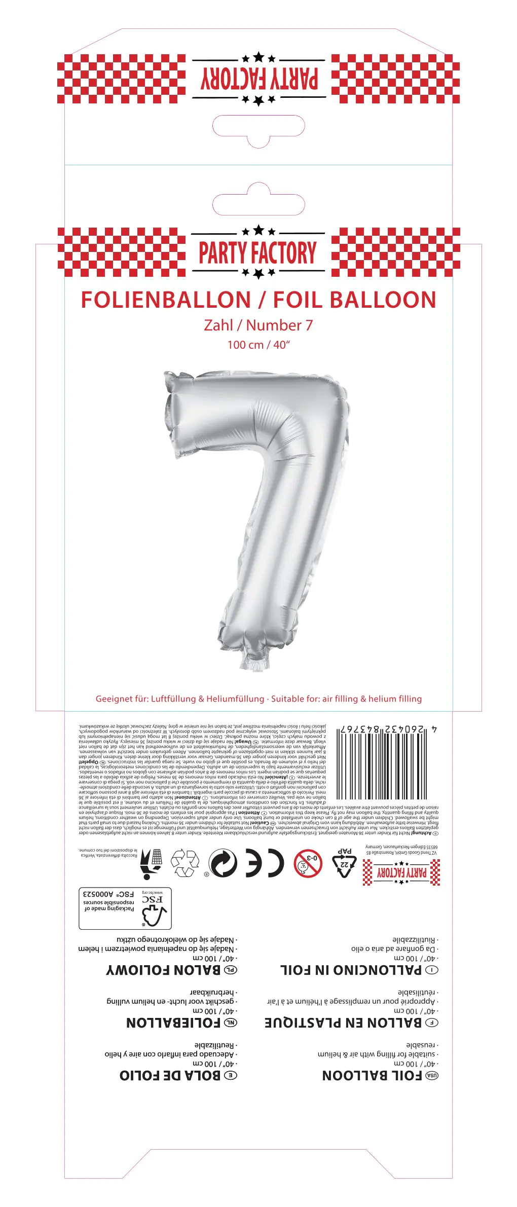 Folienballon Zahl 7 silber 100 cm