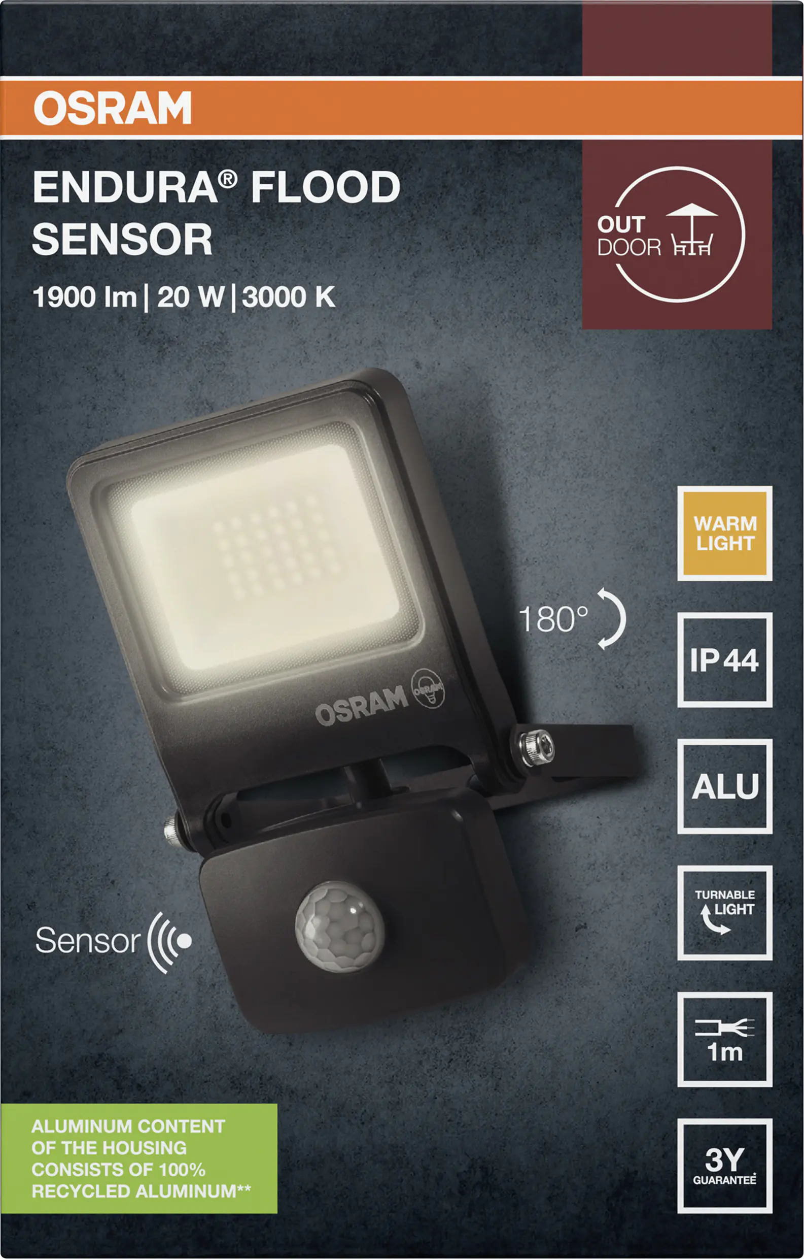Osram Außenleuchte Endura Flood Bewegungsmelder 20W PCR dunkelgrau warmweiß