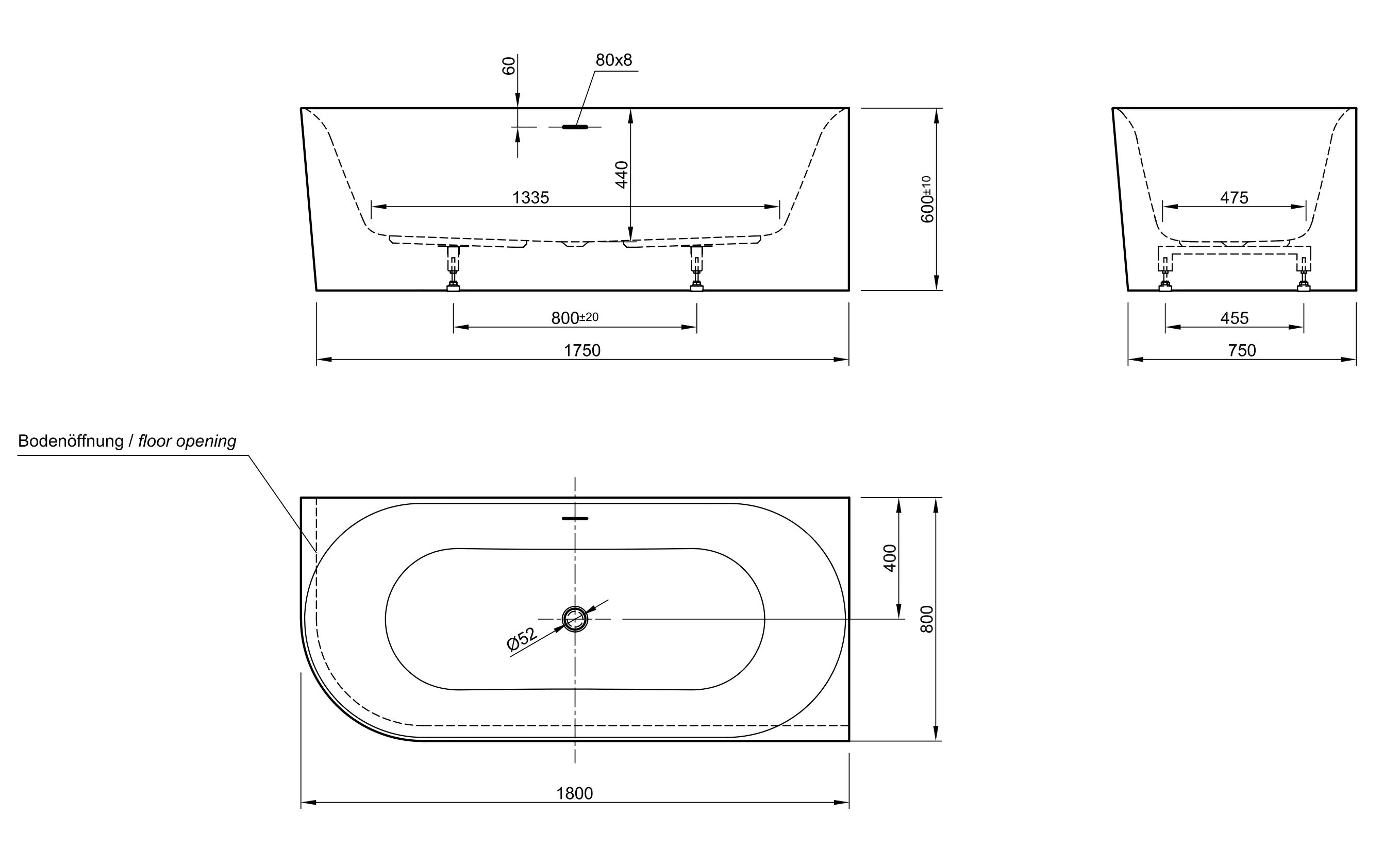 Ottofond Badewanne Mince Corner weiß links 180 x 80 / 44 cm