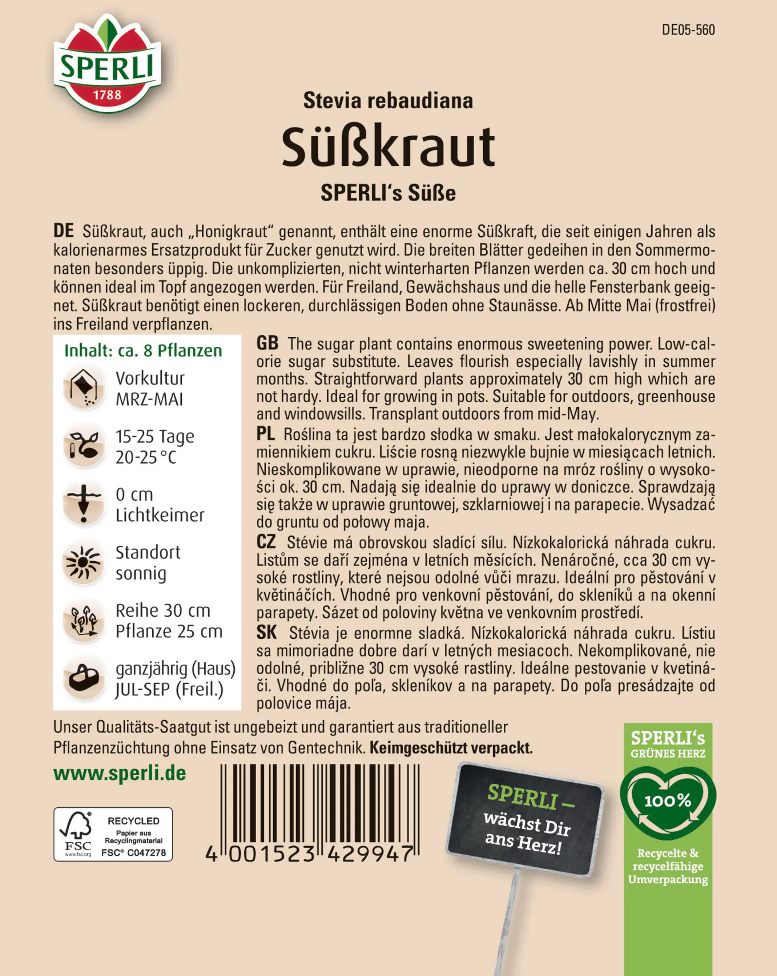 Sperli Saatgut Süßkraut für ca. 8 Pflanzen