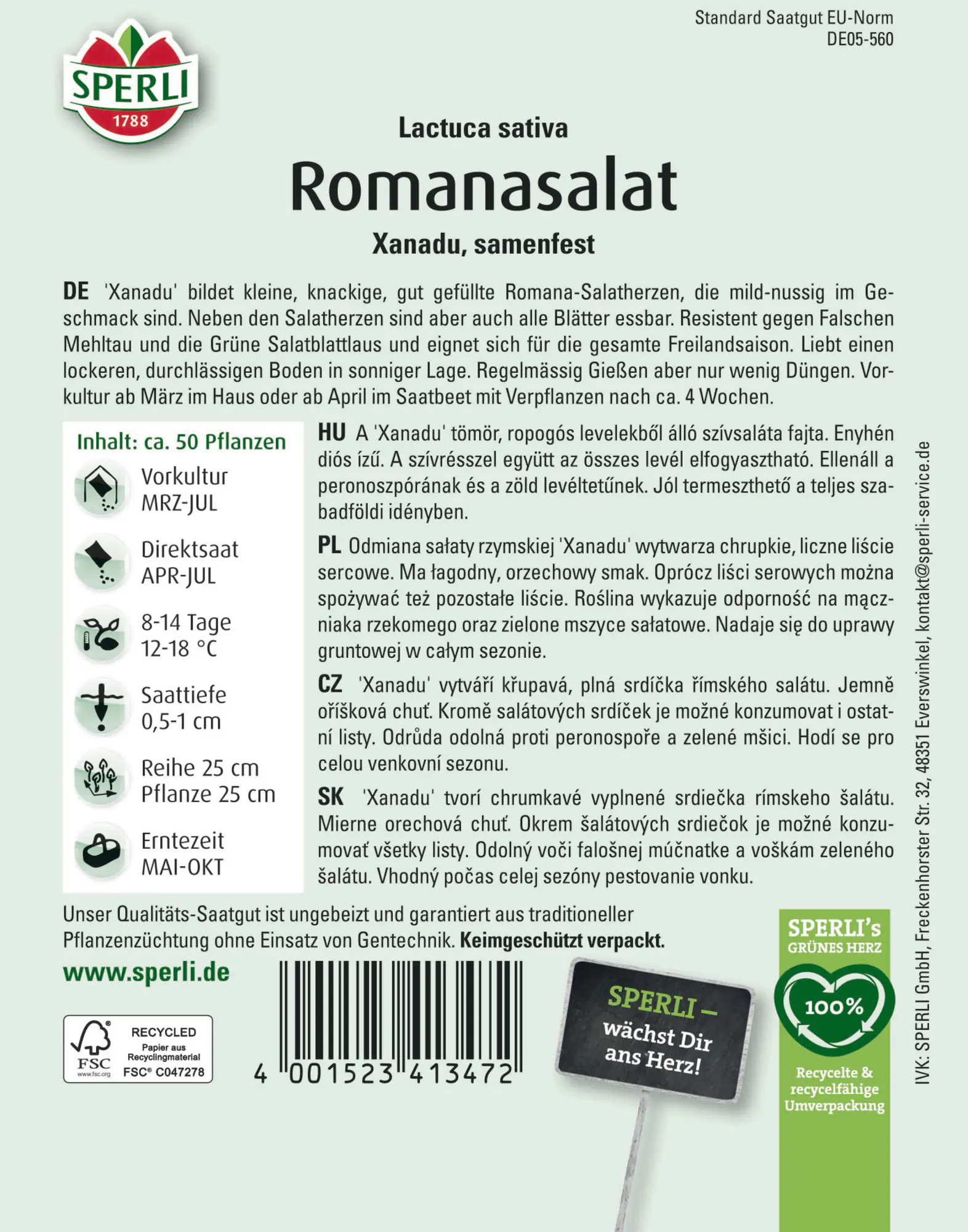 Sperli Saatgut Romanasalat Xanadu für ca. 50 Pflanzen