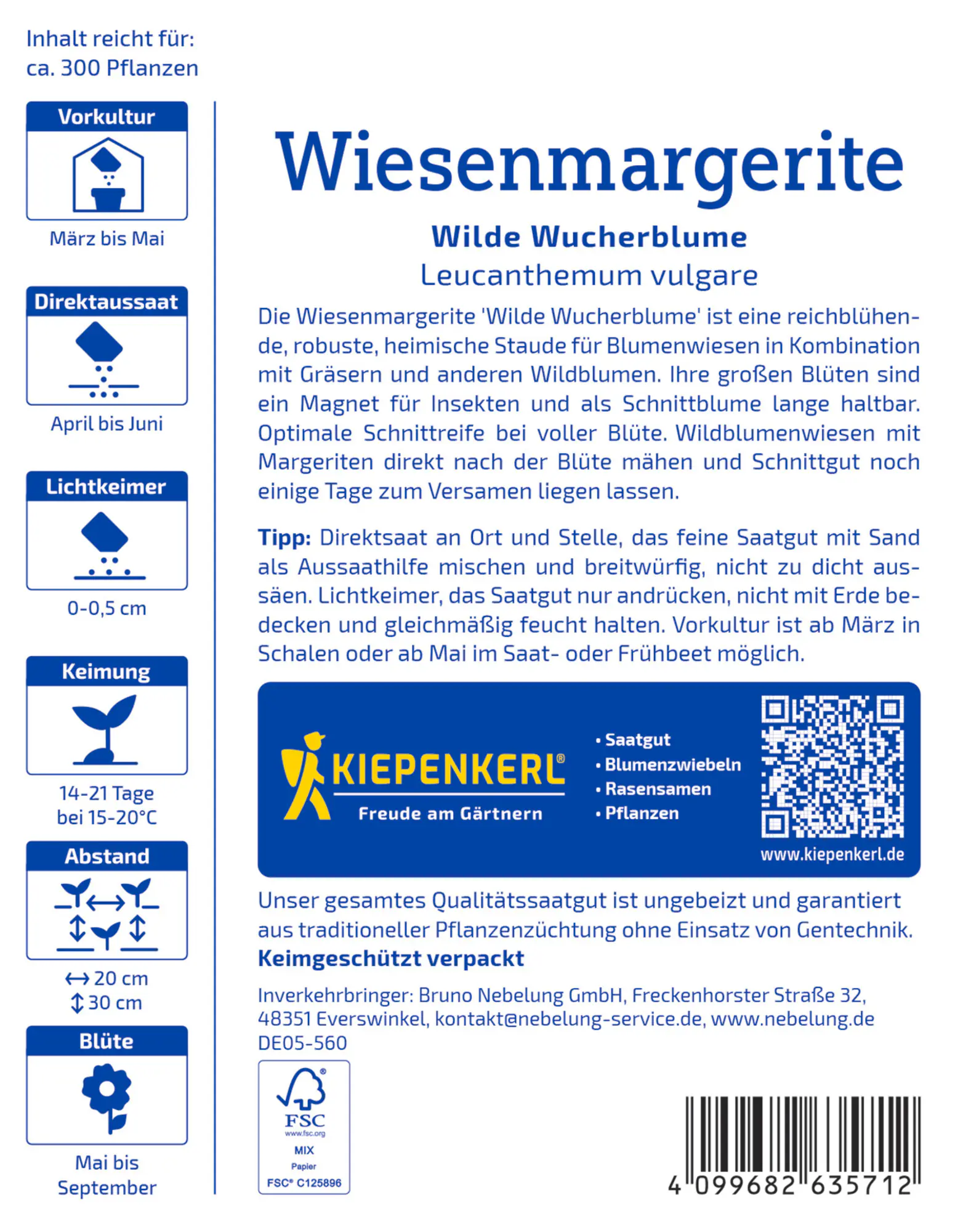 Kiepenkerl Blumensamen Wiesenmargeriten Wilde Wucherblume für ca. 300 Pflanzen