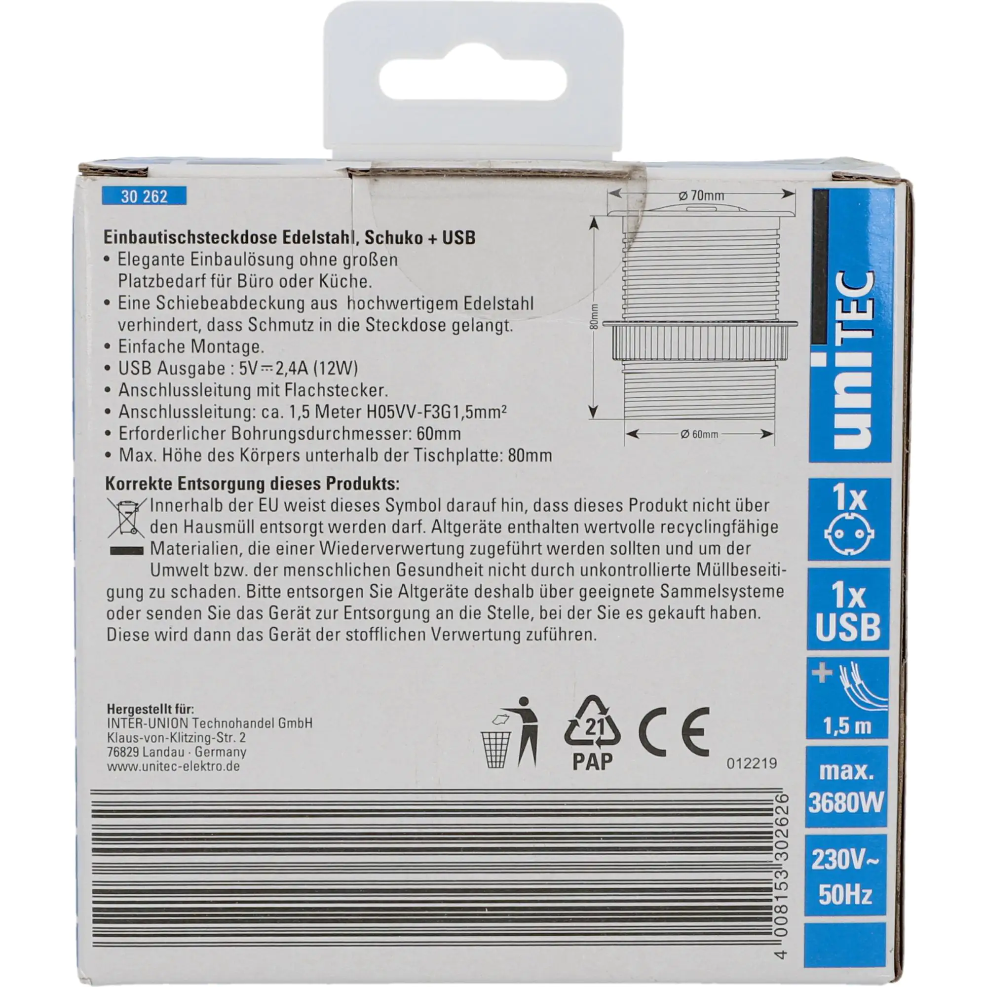 Unitec Einbausteckdosenleiste 1-Fach 1,5m mit USB, H05VV-F3 G1,5 mm, stahl