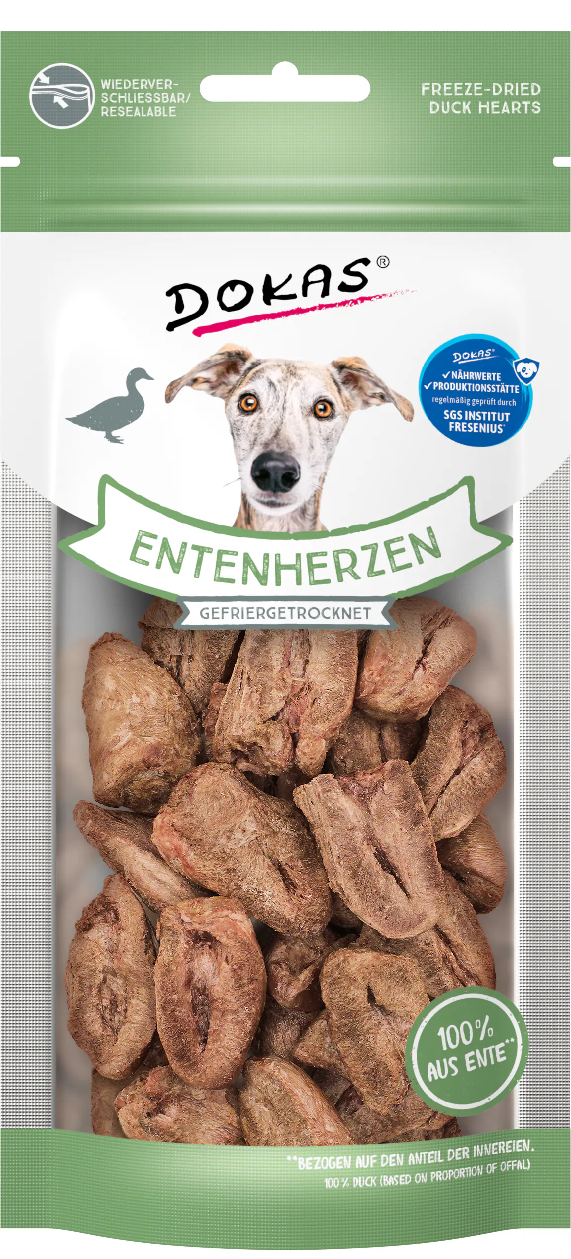 Dokas Hundesnack Adult getreidefrei gefriergetrocknet 22 g Entenherzen