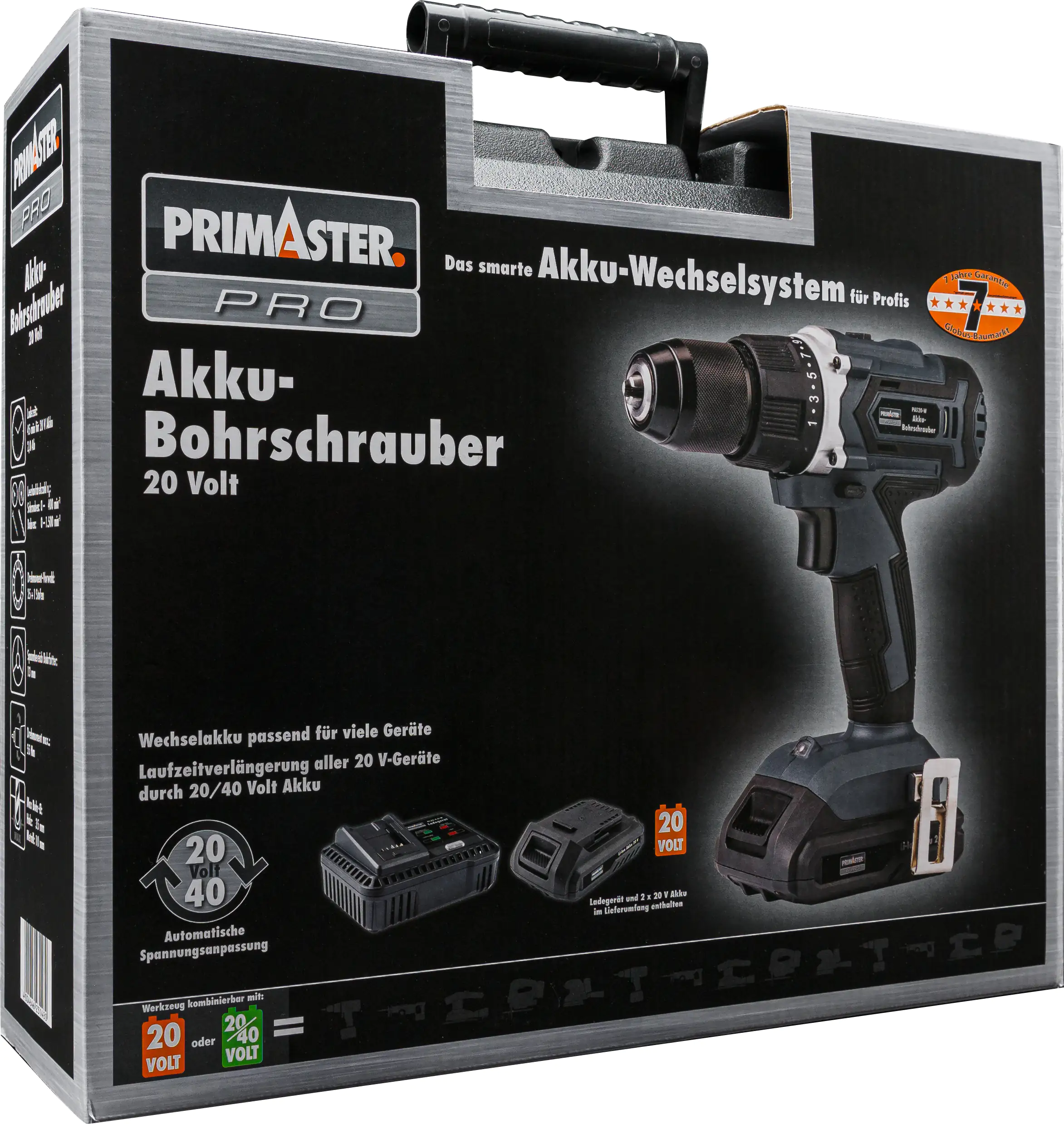 Primaster Pro Akku-Bohrschrauber PAS20-W 20 V mit 2 Akkus und Ladegerät