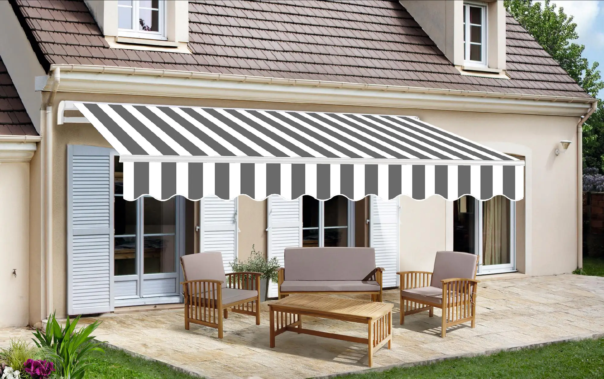 TrendLine Gelenkarm-Markise 4 x 2,5 m grau-weiß-weiß gestreift