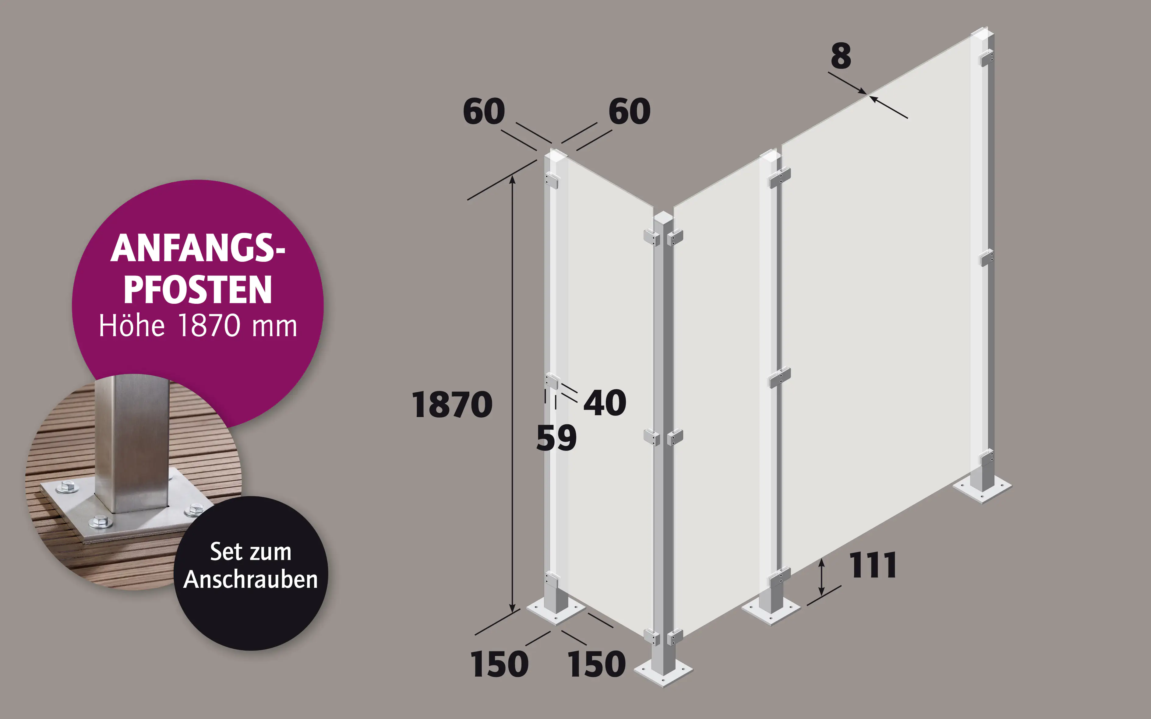 Ambiente Anfangspfosten-Set zum ANSCHRAUBEN 187 cm 6 x 6 cm Edelstahl V2A