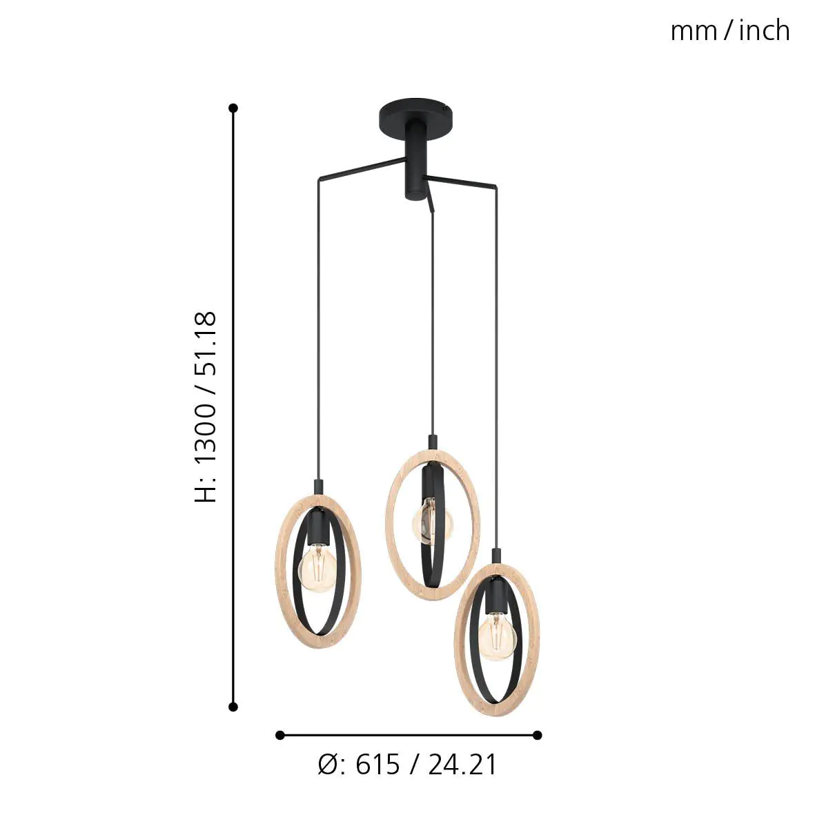 Eglo 3er Pendelleuchte Basildon schwarz-braun Ø 61,5 cm E27, max. 60 W