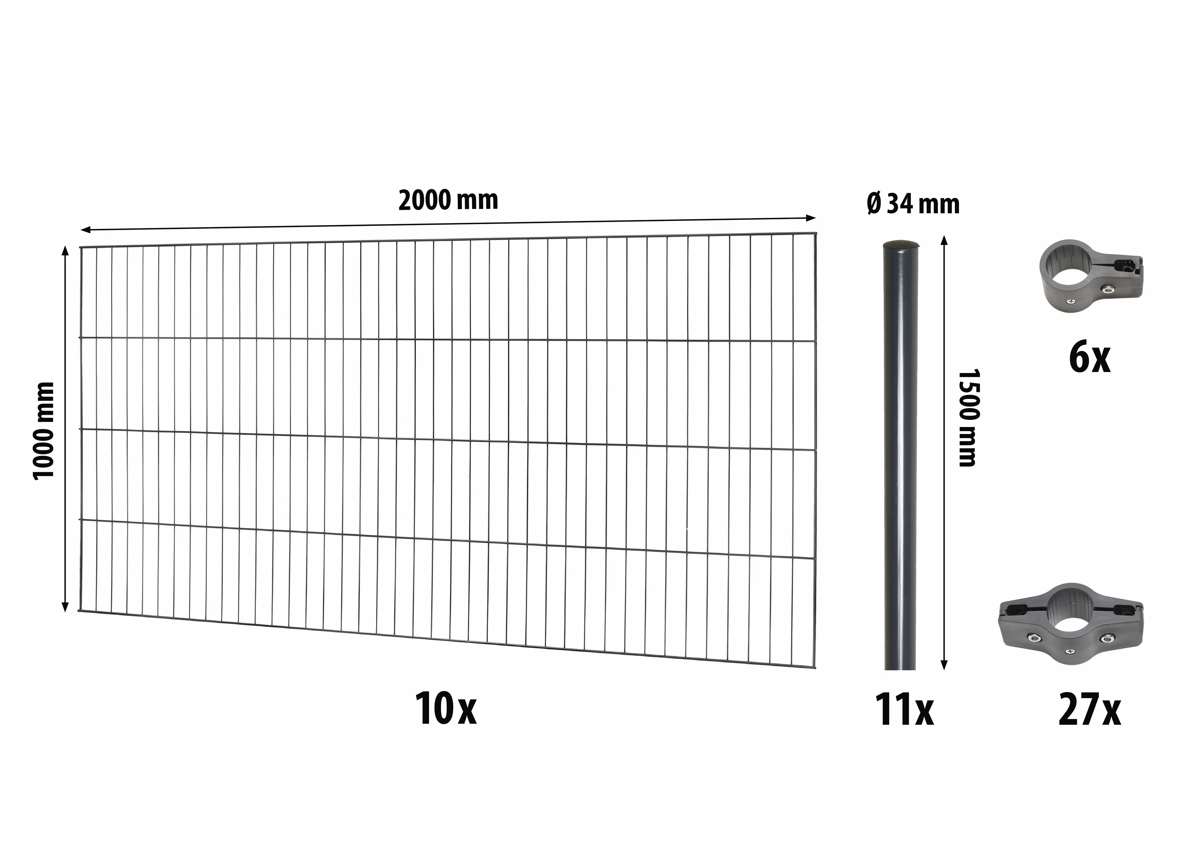 Floraworld Einstabmatten-Zaun Set Classic 20 m 200 x 100 cm inkl. 11 Pfosten 150 cm anthrazit