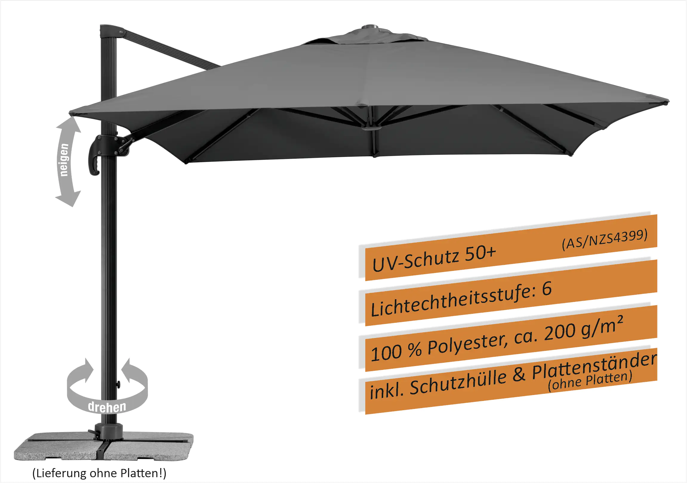 Schneider Ampelschirm Rhodos Grande anthrazit 300 x 400 cm inkl. Sonnenschirmhülle