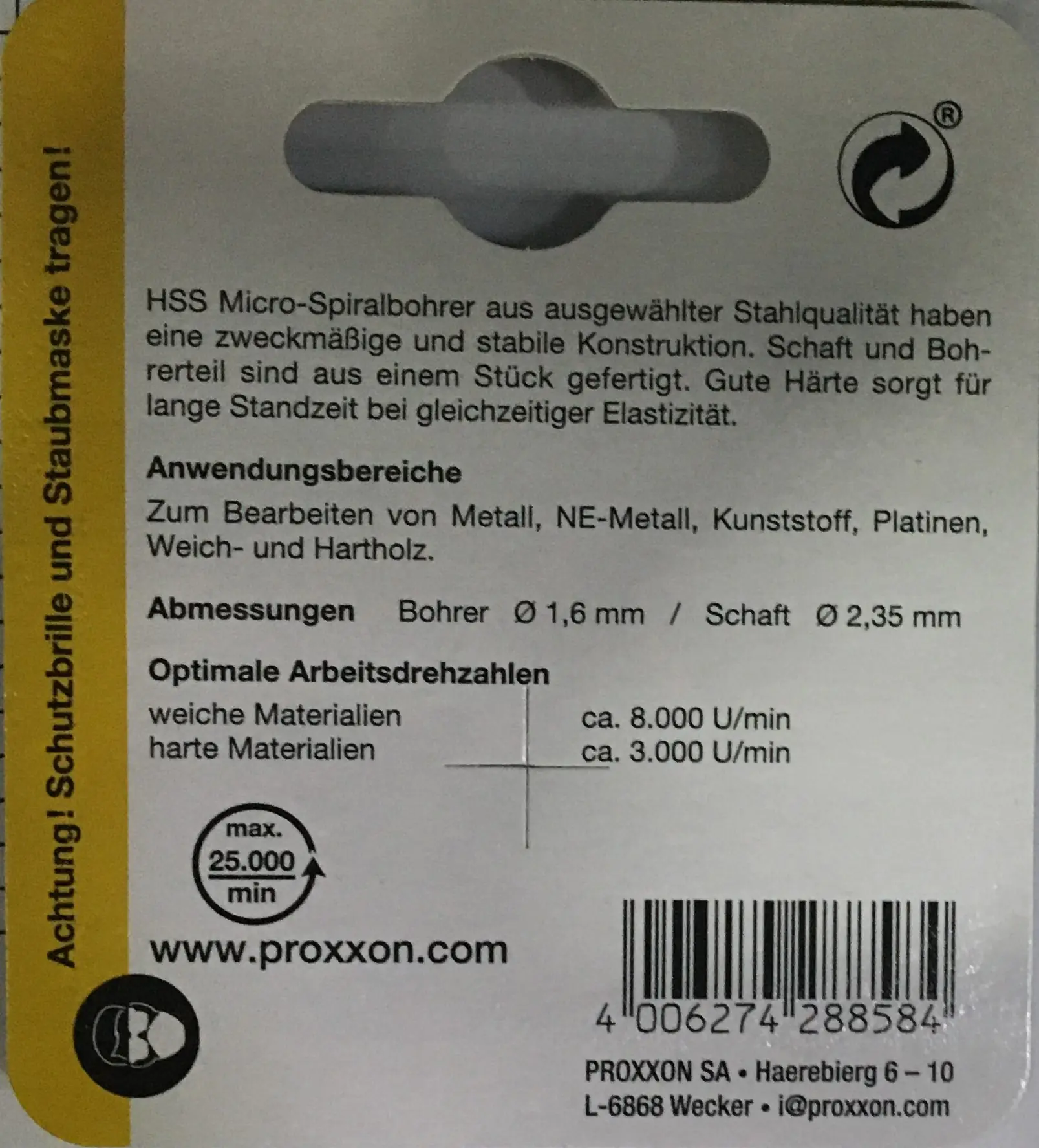Proxxon Micromot Mikro-Spiralbohrer Ø 1,6 mm 3 Stück