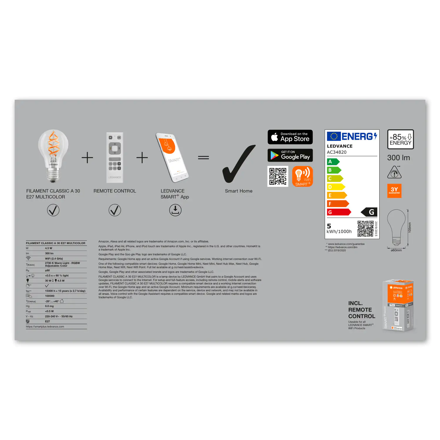 Ledvance LED Leuchtmittel Smart+ WiFi 3er Set E27, RGBW, Kolbenform, 4,5 W