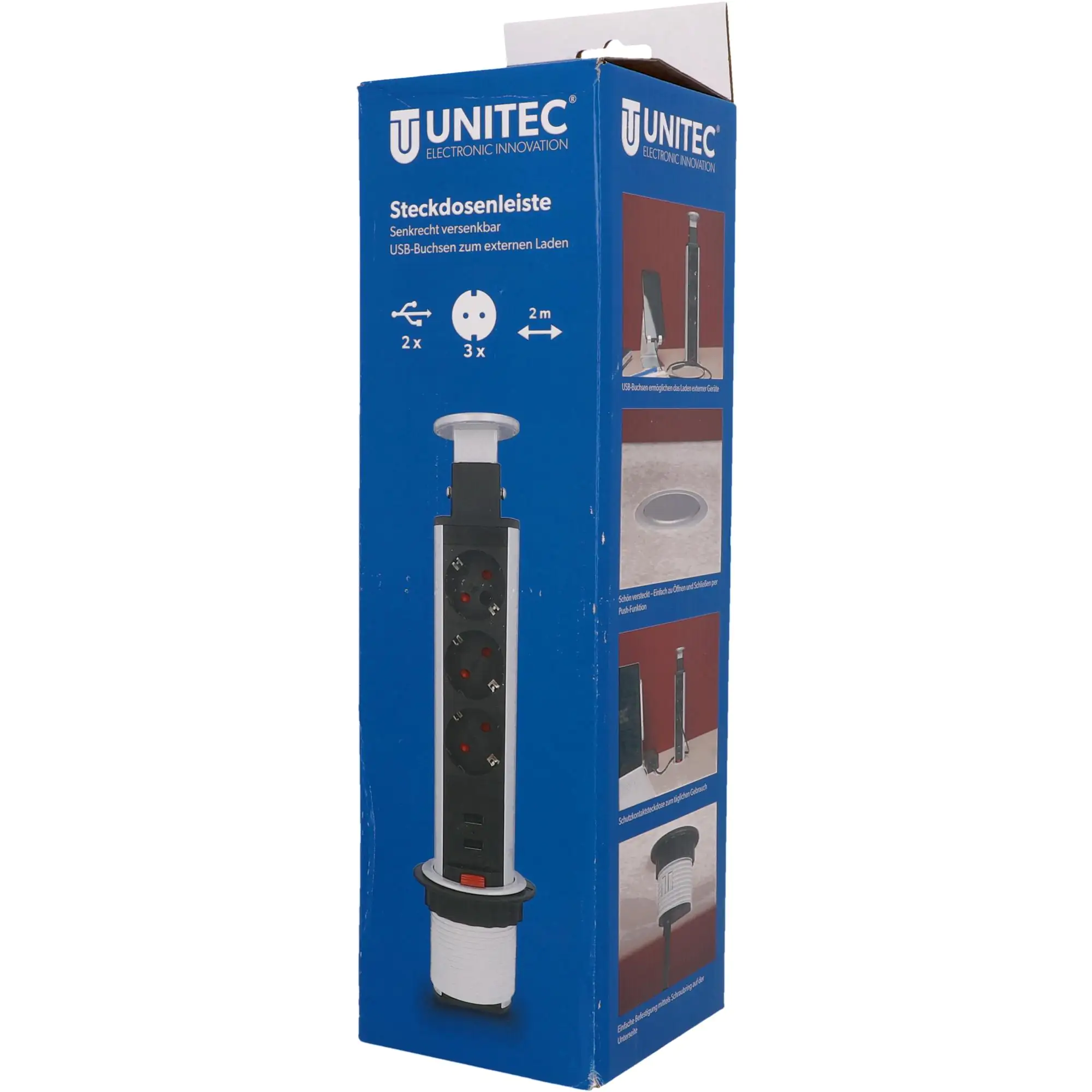 Unitec Einbausteckdosenleiste 3-fach 2m mit 2 x USB Tower, silber