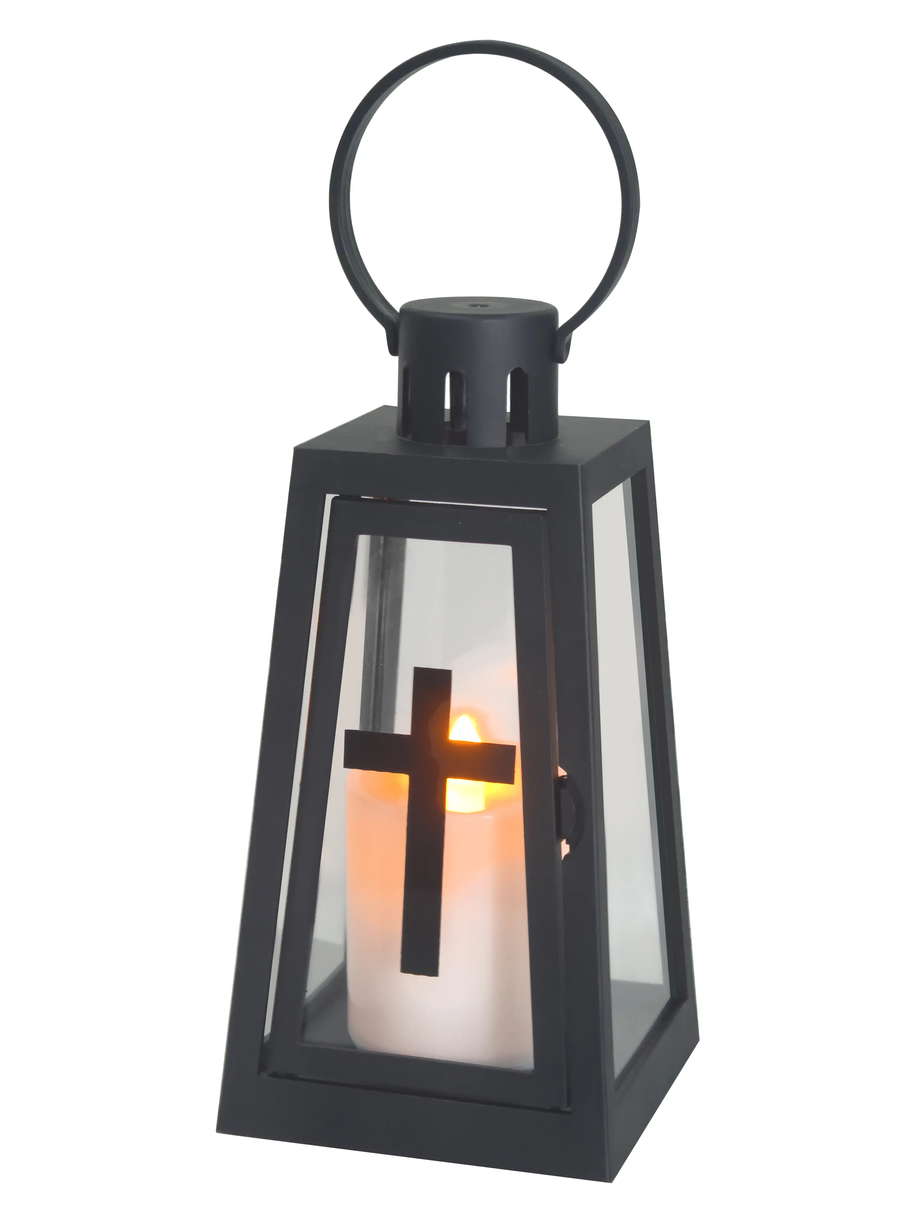 TrendLine LED-Grablaterne mit Kreuzsymbol & Timer 20 x 10 cm warmweiß schwarz
