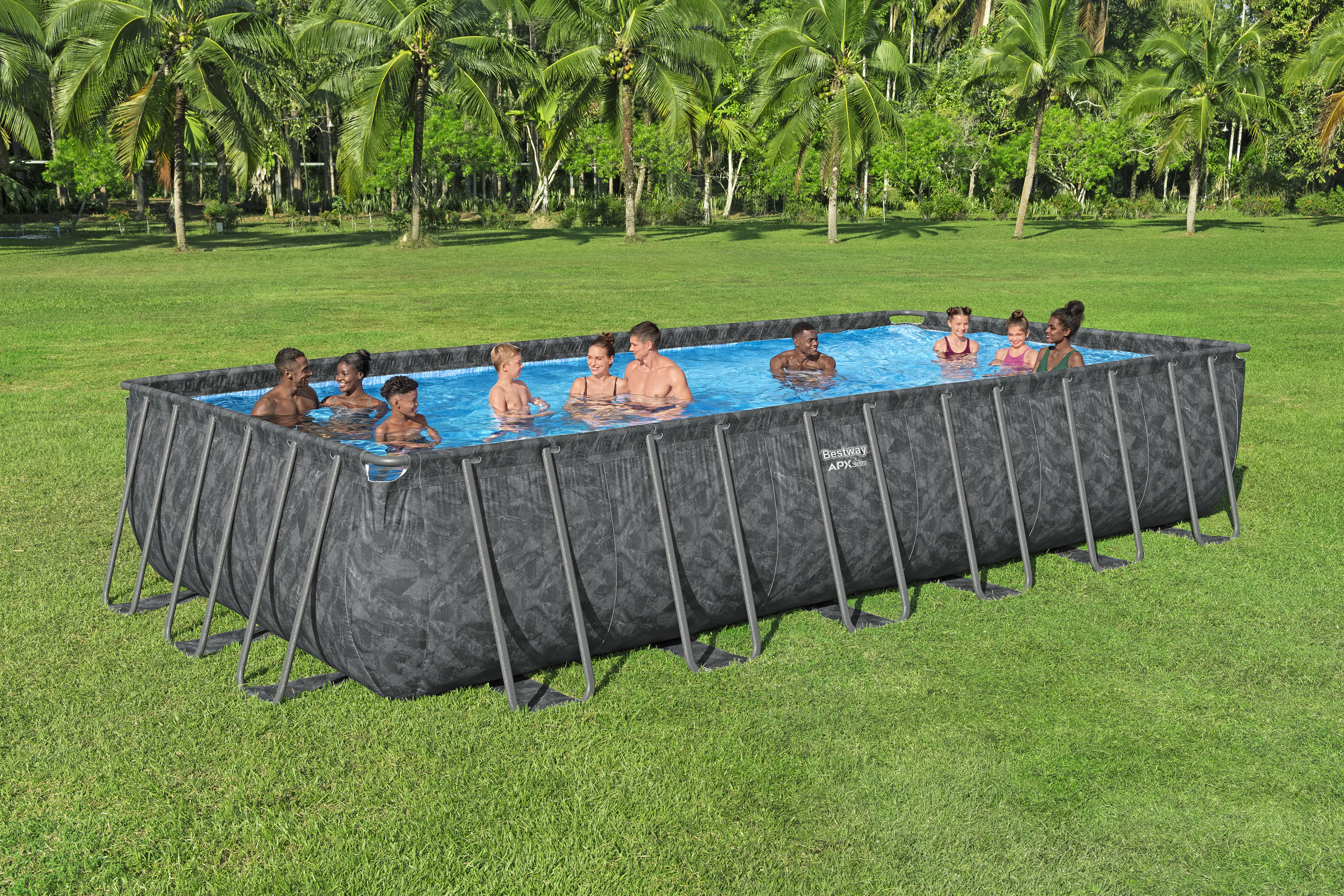 Bestway Winterfestes Frame Pool APX365 Komplett-Set mit Sandfilteranlage 732 x 366 x 132 cm marmor-optik eckig