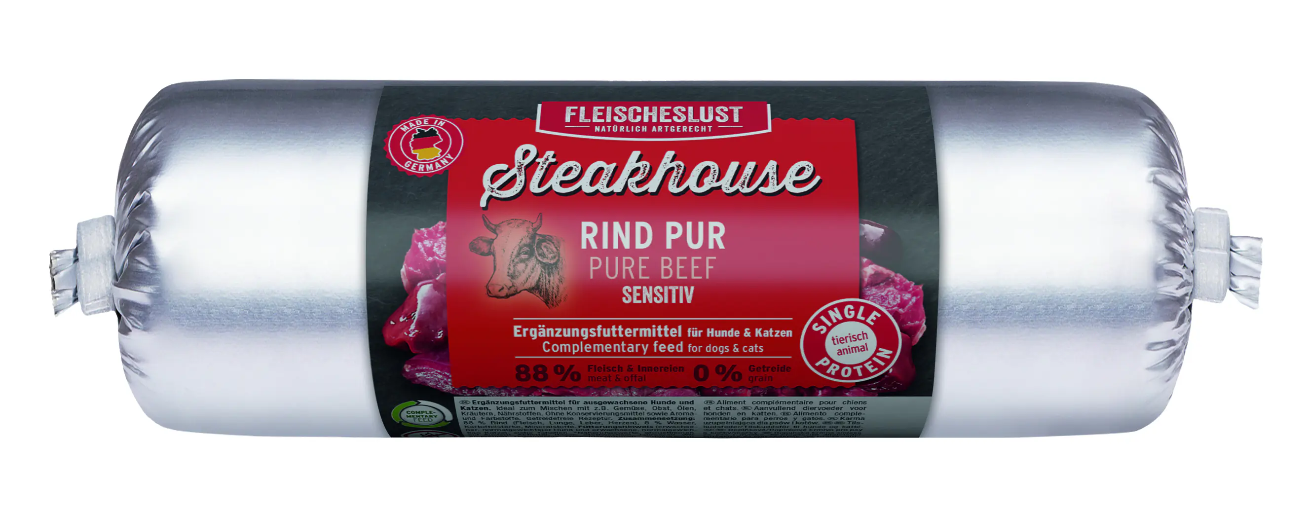Fleischeslust Steakhouse Nassfutter für Hunde & Katzen Adult Sensitve getreidefrei 500 g Rind pur