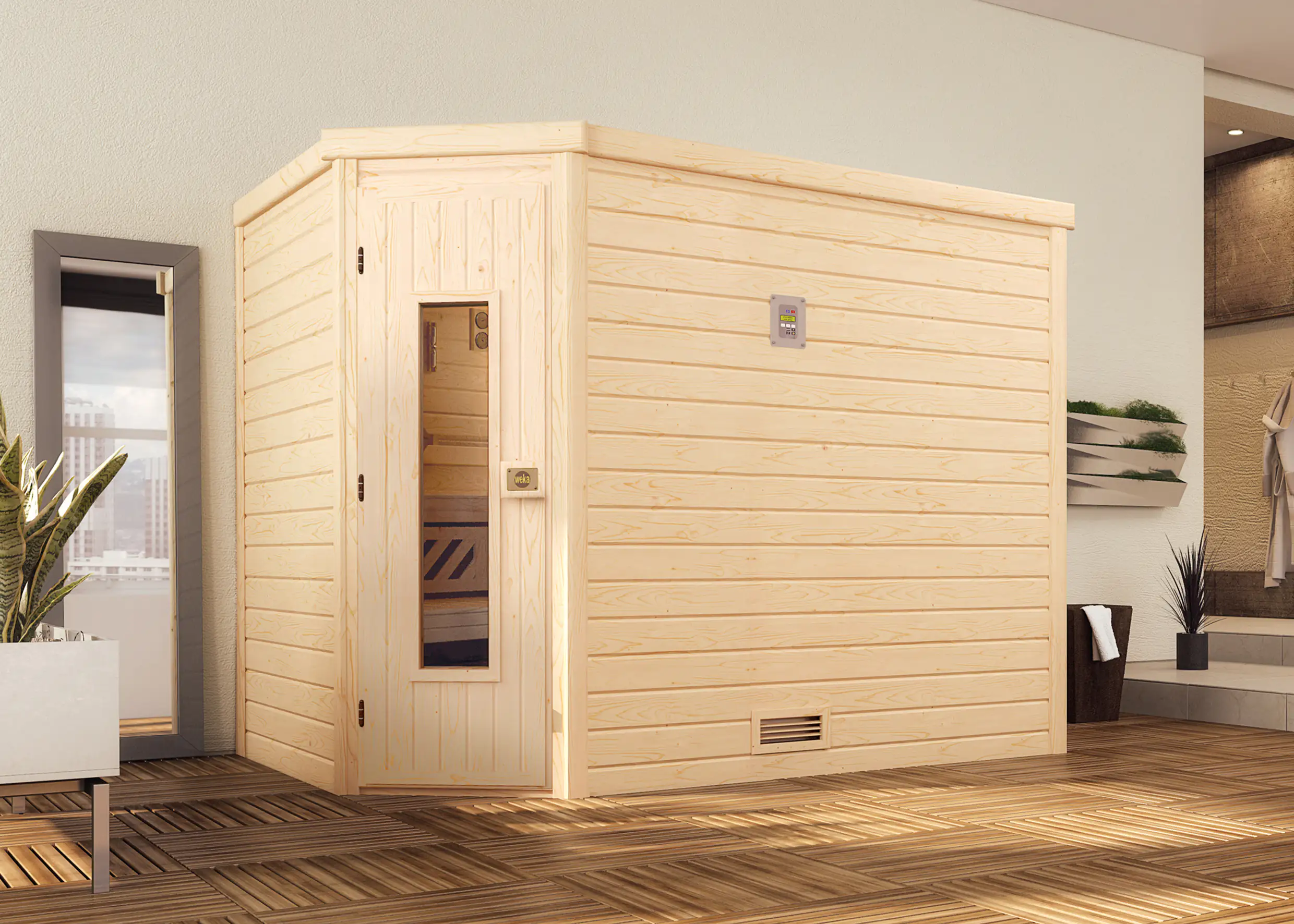 Weka Massivholzsauna Turku 3 mit Holztür