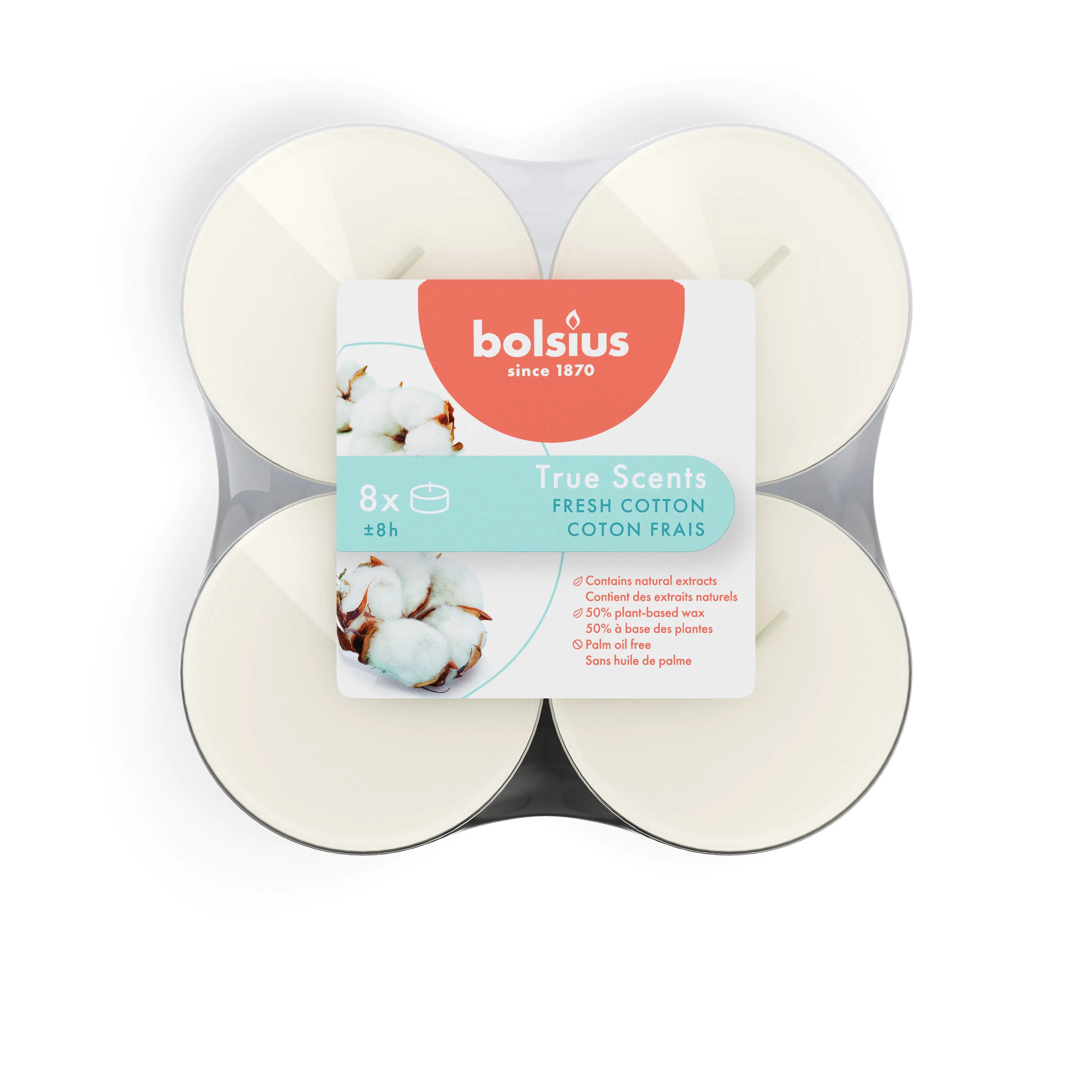 Bolsius Maxi-Teelichter weiß 8h True Scents Fresh Cotton 8er Pack
