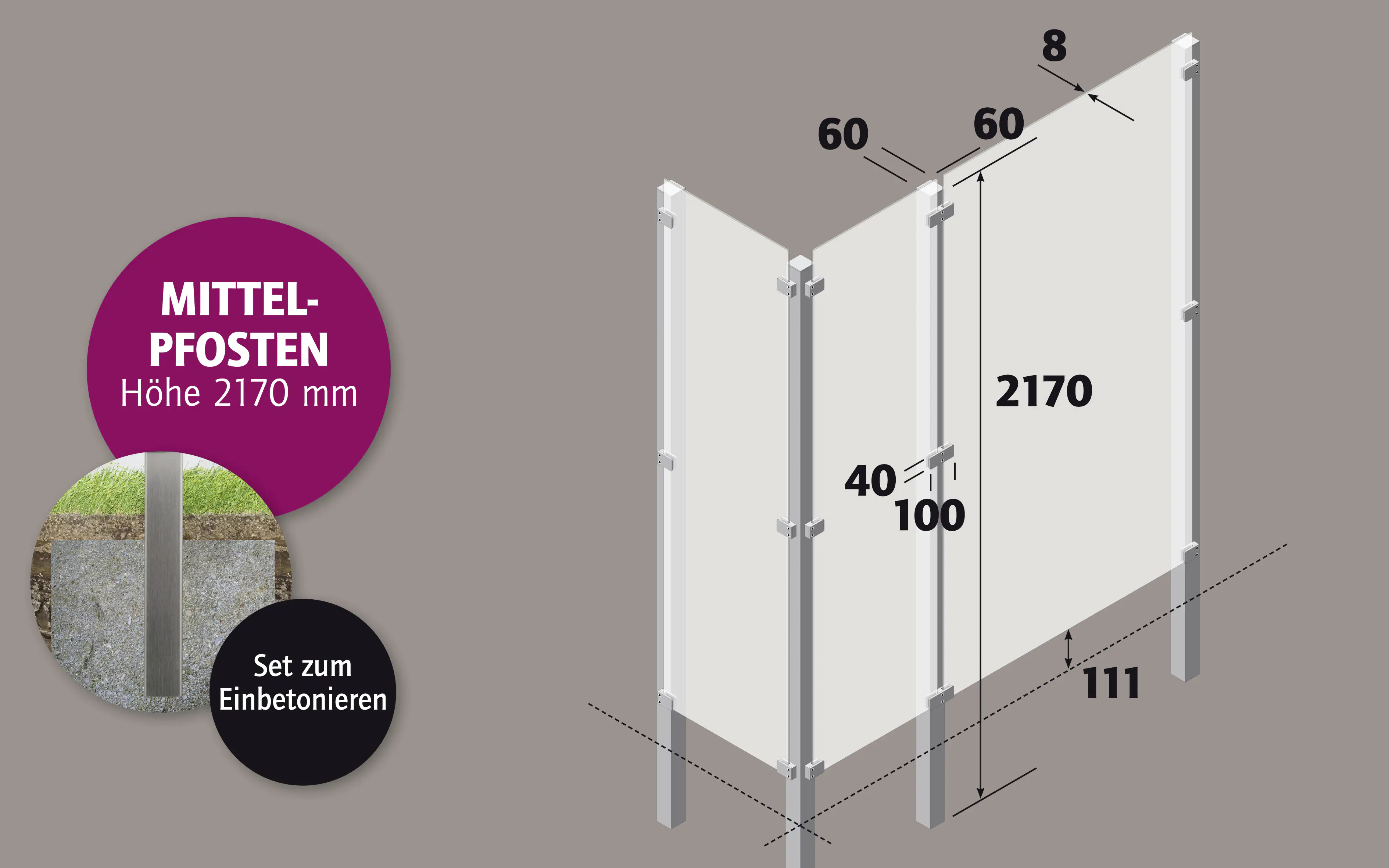 Ambiente Mittelpfosten-Set zum EINBETONIEREN 217 cm 6 x 6 cm Edelstahl V2A