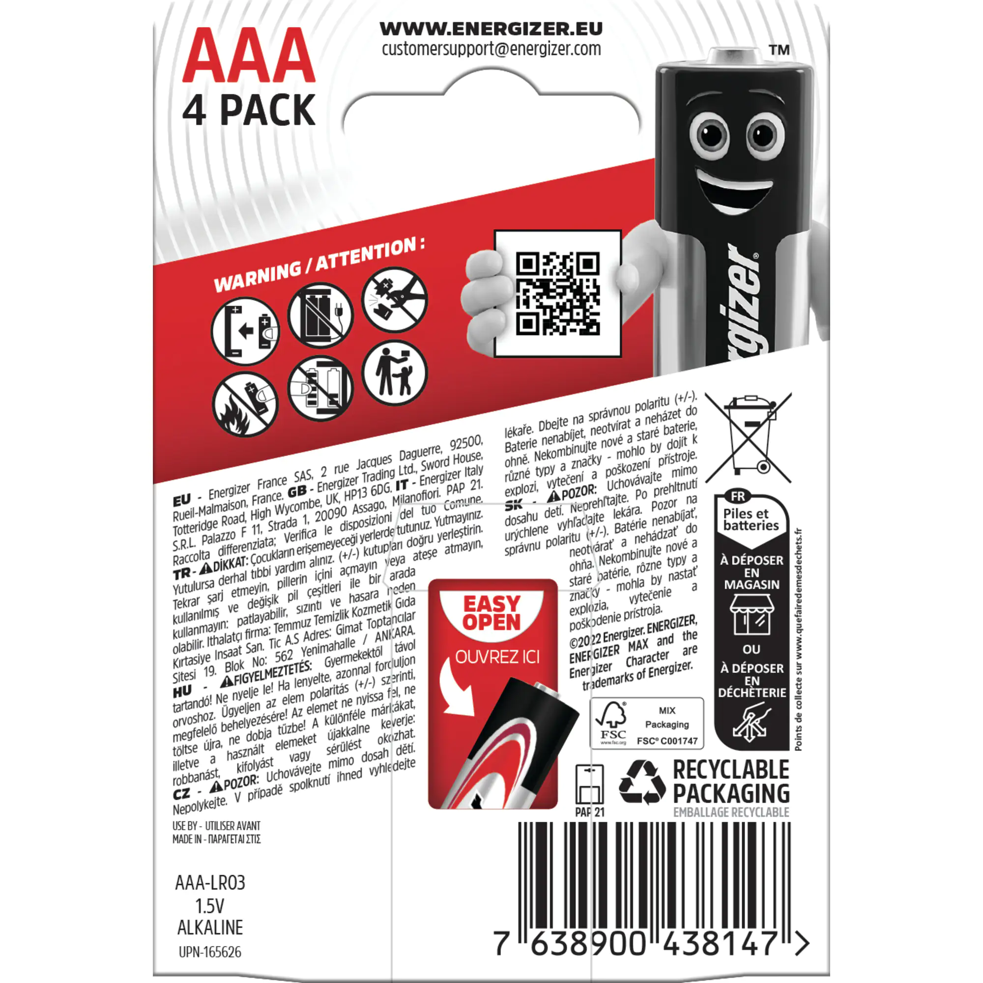 Energizer Max Alkaline Batterie Micro AAA 1,5 V, 4er Pack