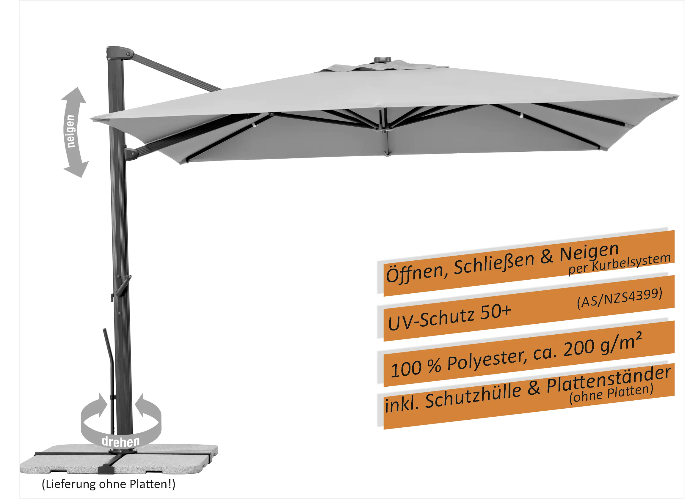 Schneider Ampelschirm Rhodos Smart silbergrau 300 x 300 cm inkl. Sonnenschirmhülle