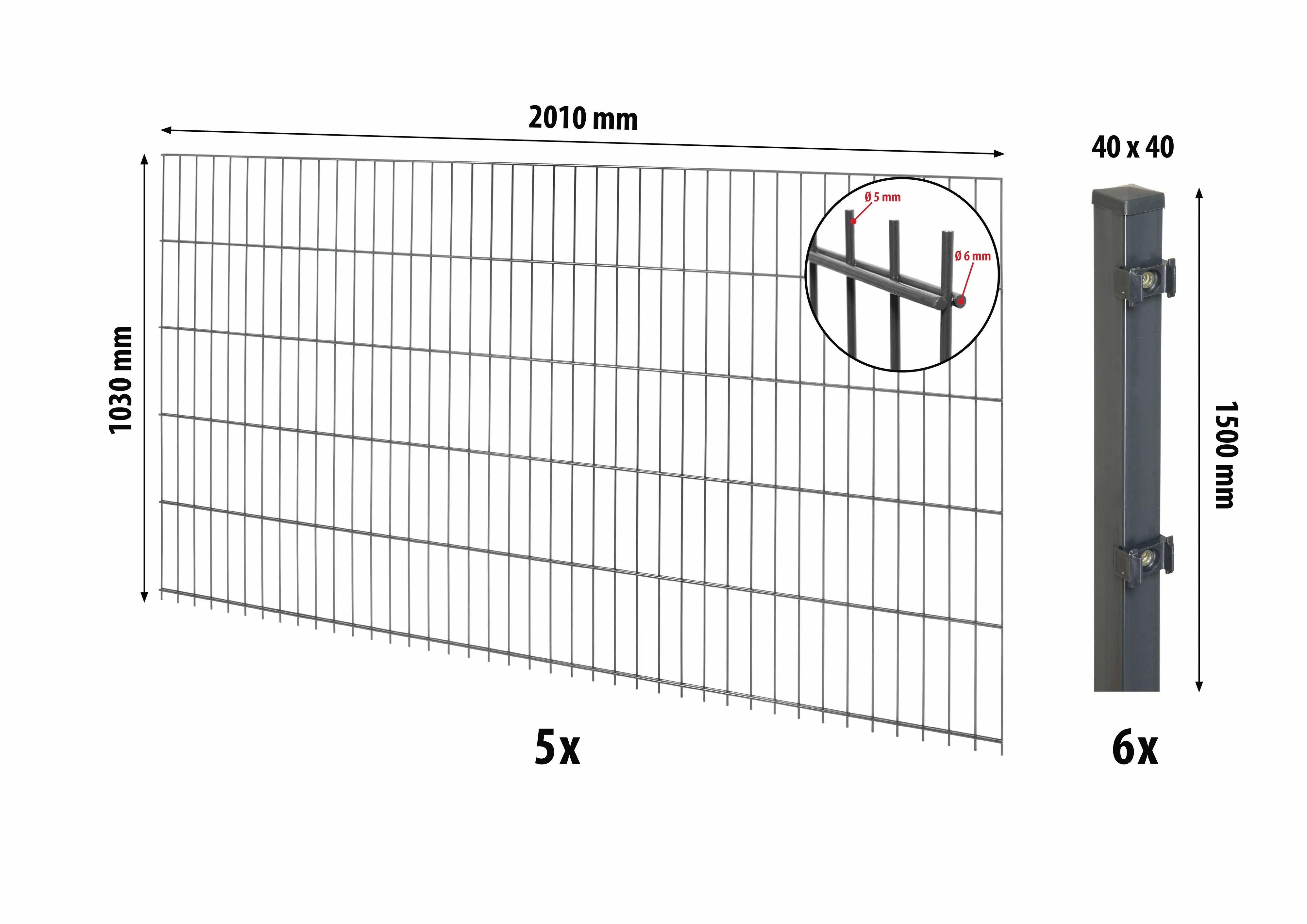 Floraworld Doppelstabmatten-Zaun Set Comfort 10 m 201 x 103 cm inkl. 6x Pfosten 150 cm anthrazit