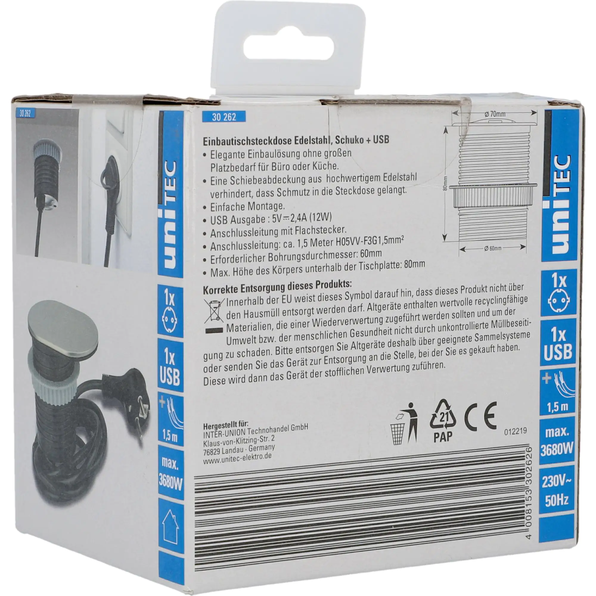 Unitec Einbausteckdosenleiste 1-Fach 1,5m mit USB, H05VV-F3 G1,5 mm, stahl