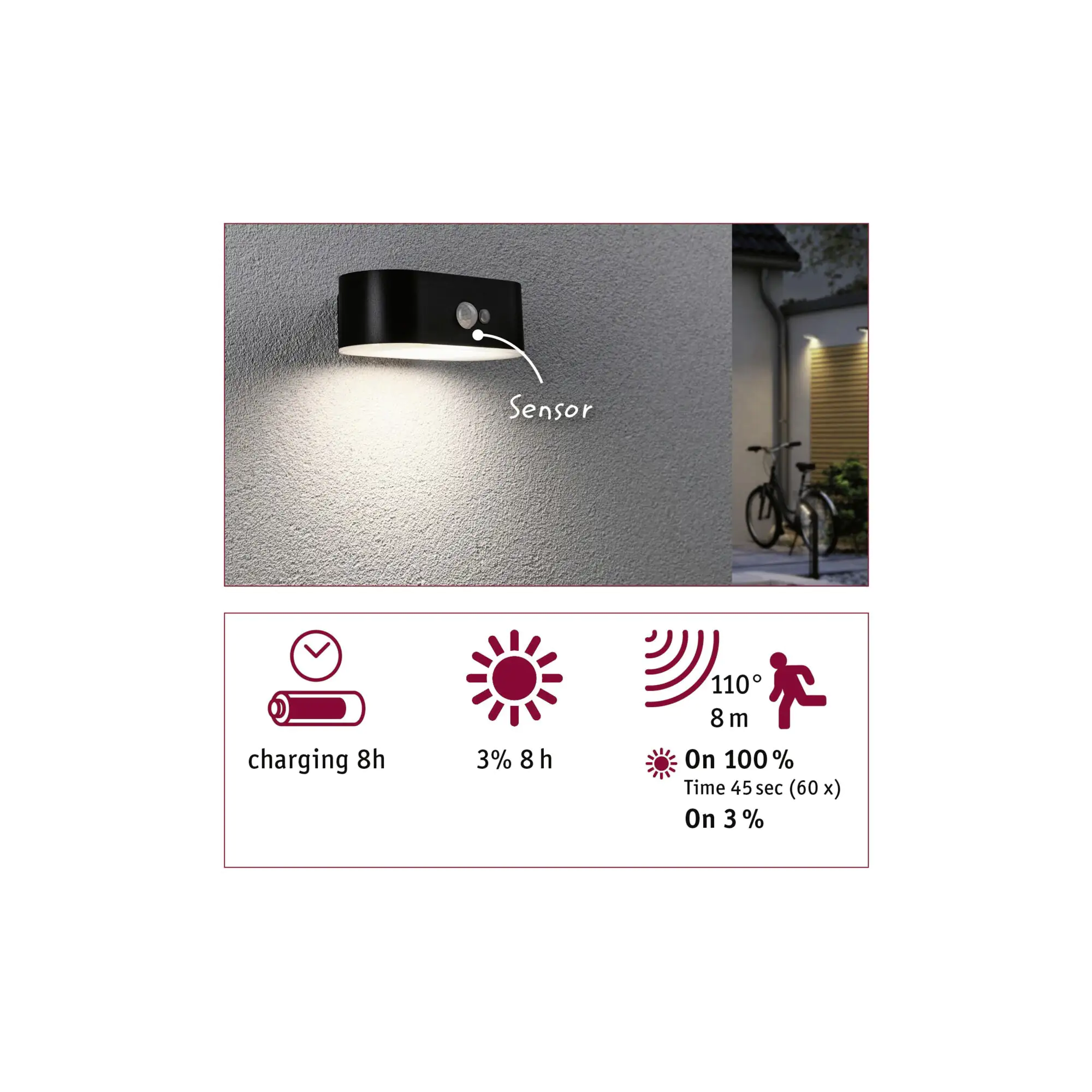 Paulmann LED Solarleuchte Adya schwarz 6 x 18 x 11,8 cm mit Bewegungsmelder