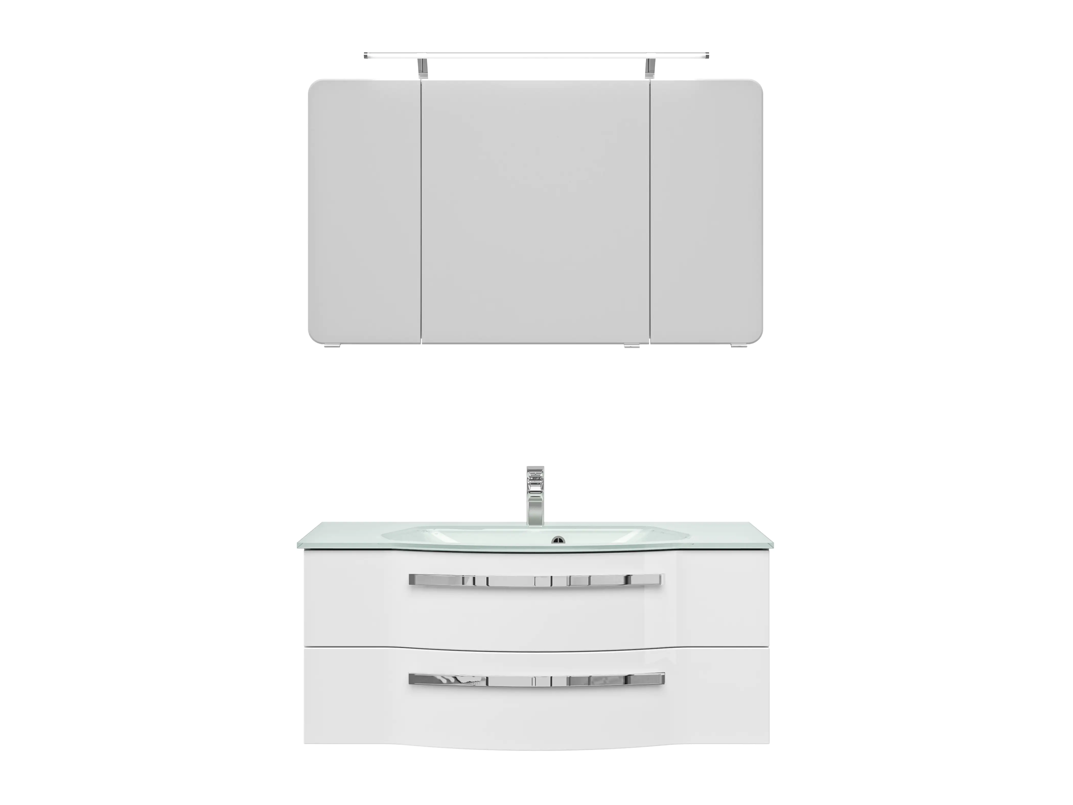 Pelipal Badmöbel-Set 4005 Lack polarweiß Hgl mit Glas-Waschtisch + LED-Leuchte 120 cm