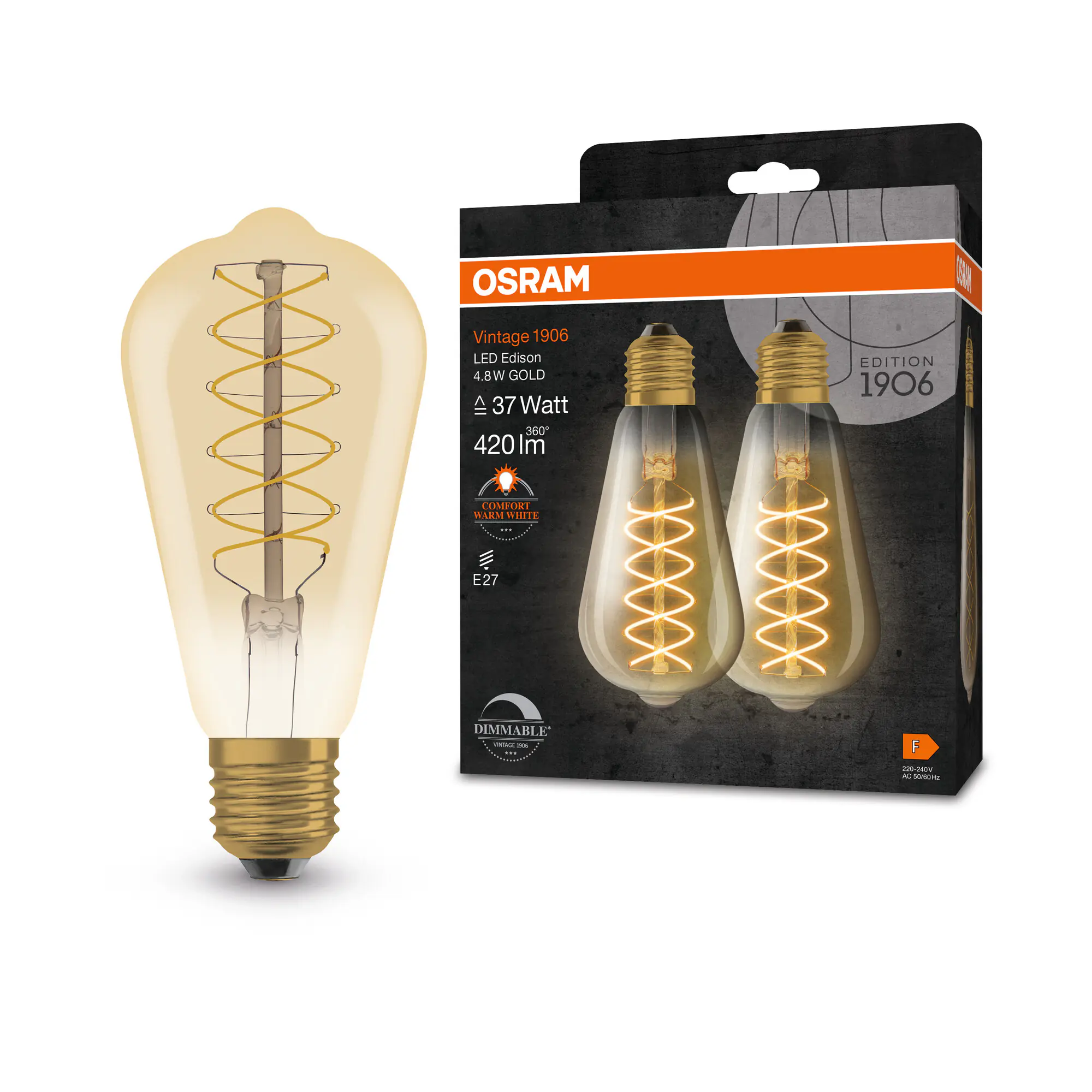 Osram LED Leuchtmittel E27 2er Pack Vintage Edison 4,8W Gold dimmbar warmweiß