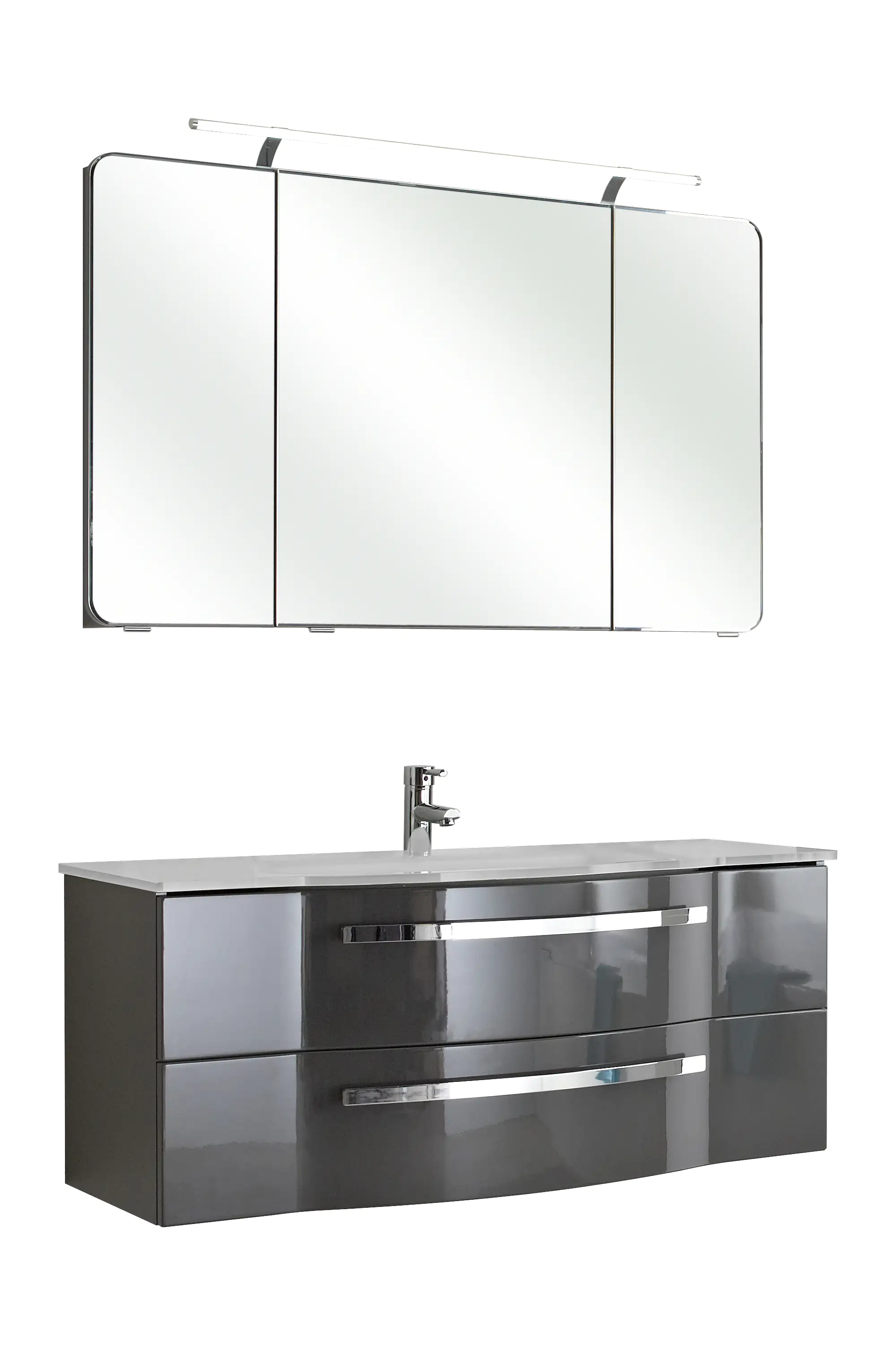 Pelipal Badmöbel-Set 4005 Lack steingrau Hgl mit Glas-Waschtisch + LED-Leuchte 120 cm
