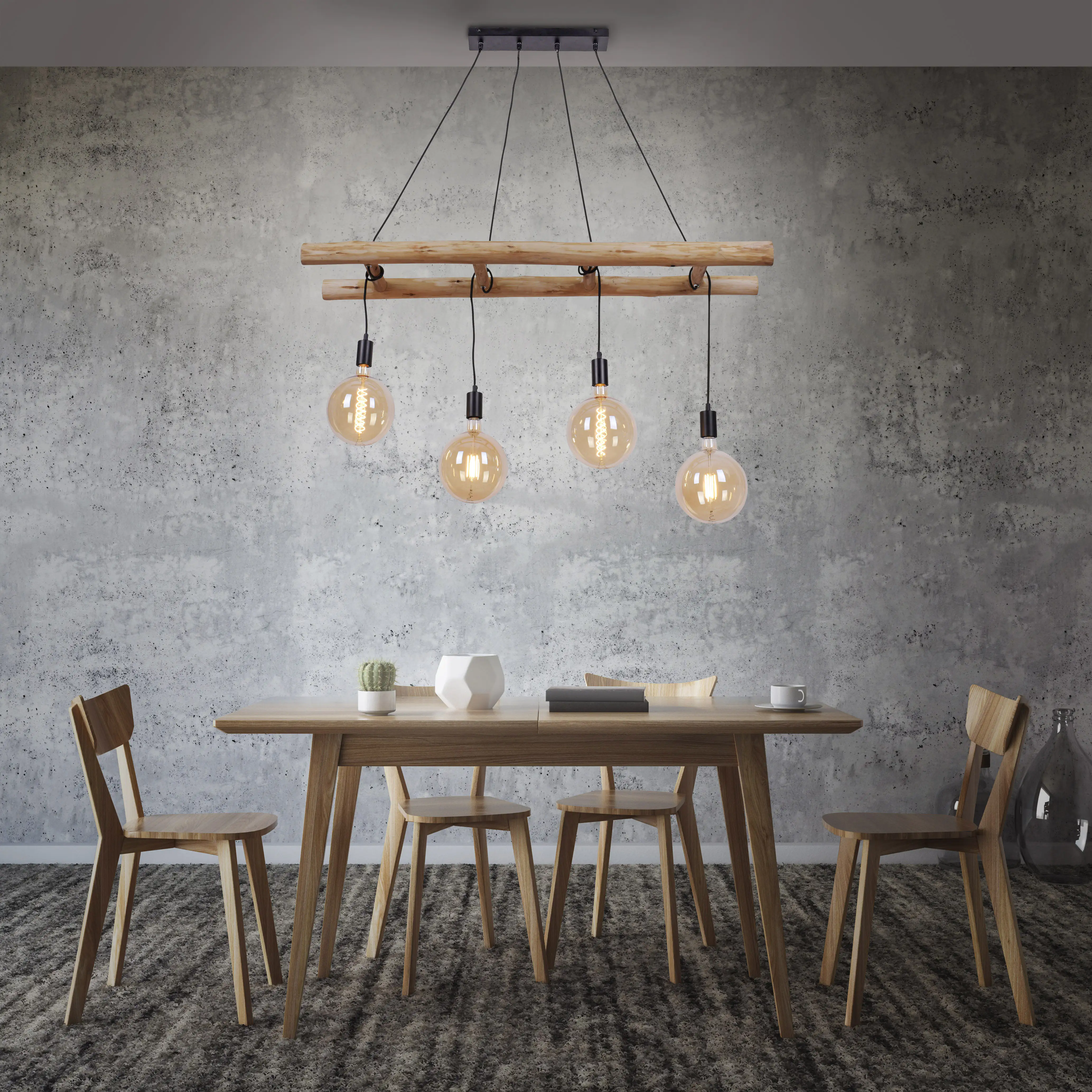 JustLight 4er Pendelleuchte Edgar schwarz-holz 120 x 30 cm E27 60 W