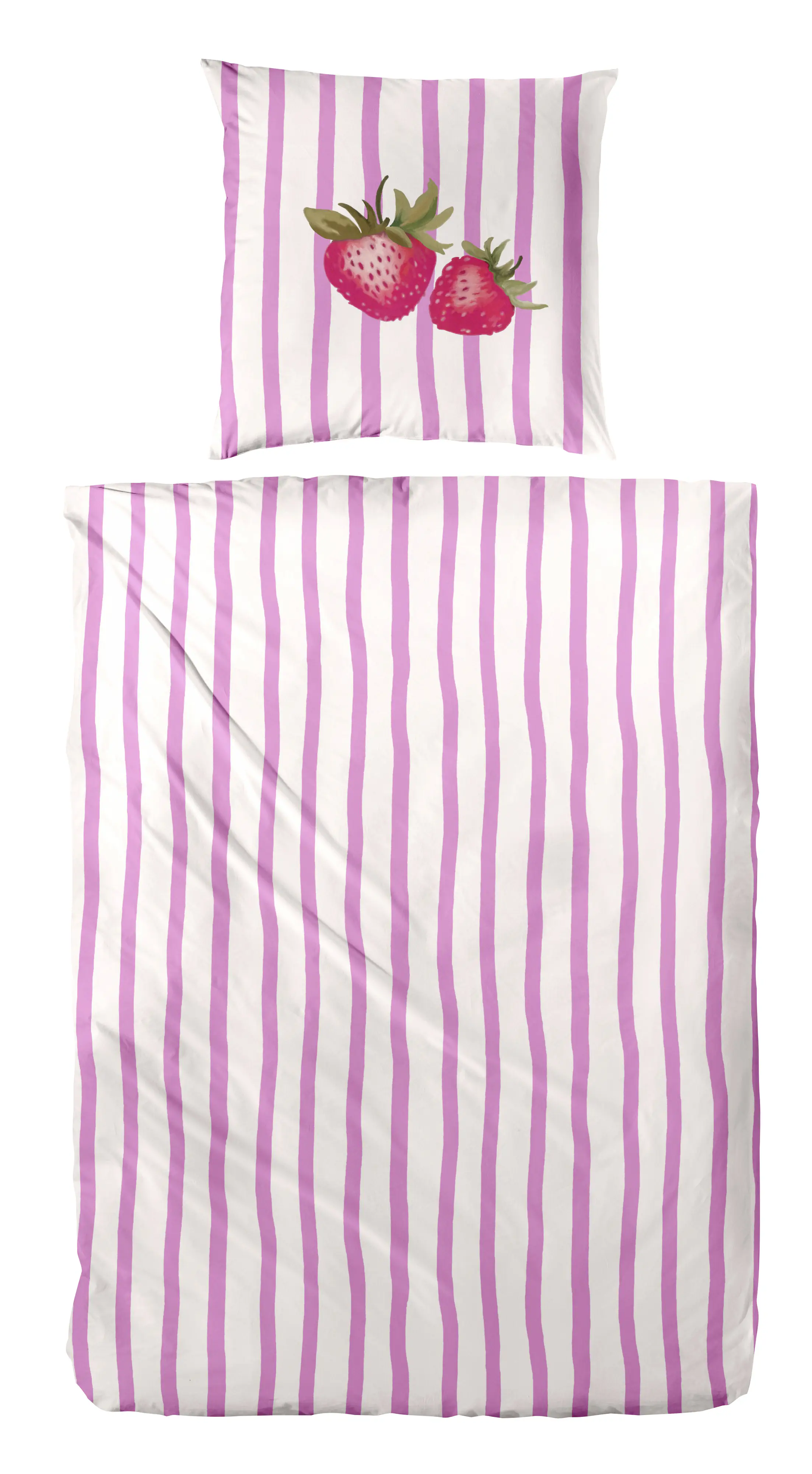 Bettwäsche Renforce Erdbeere Streifen rosa 135 x 200 cm